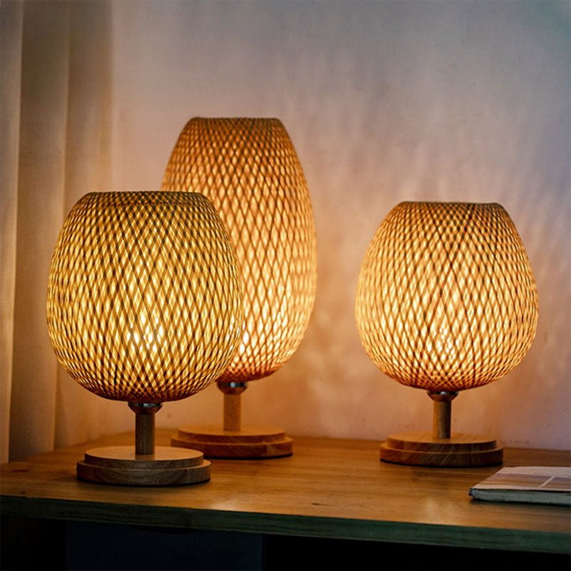 Small Rattan Table Lamp Stepless Dimmable Vintage Wicker Wooden Nightstand - ktvhomes