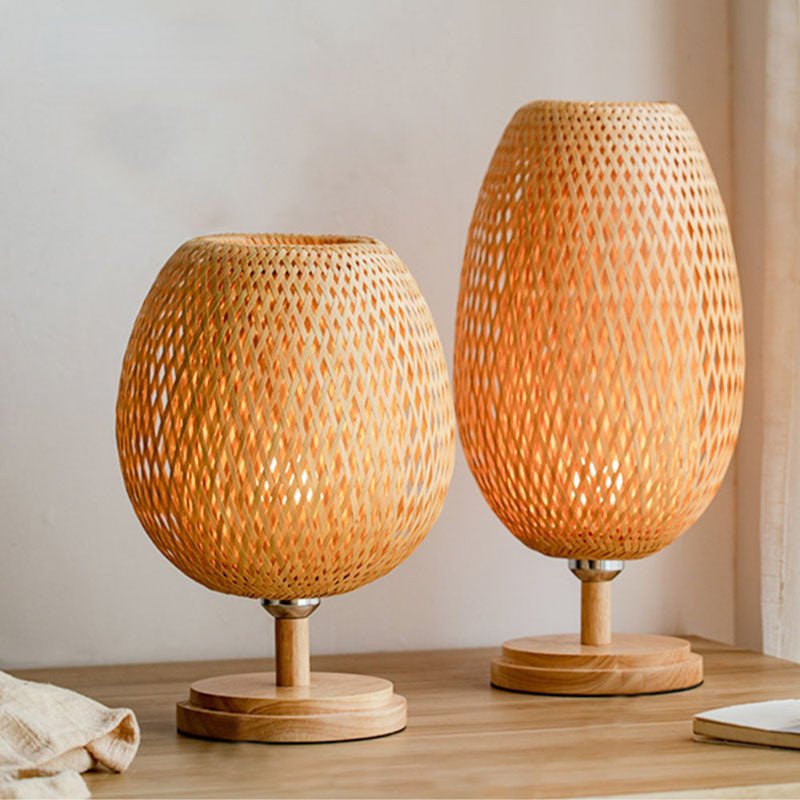 Small Rattan Table Lamp Stepless Dimmable Vintage Wicker Wooden Nightstand - ktvhomes