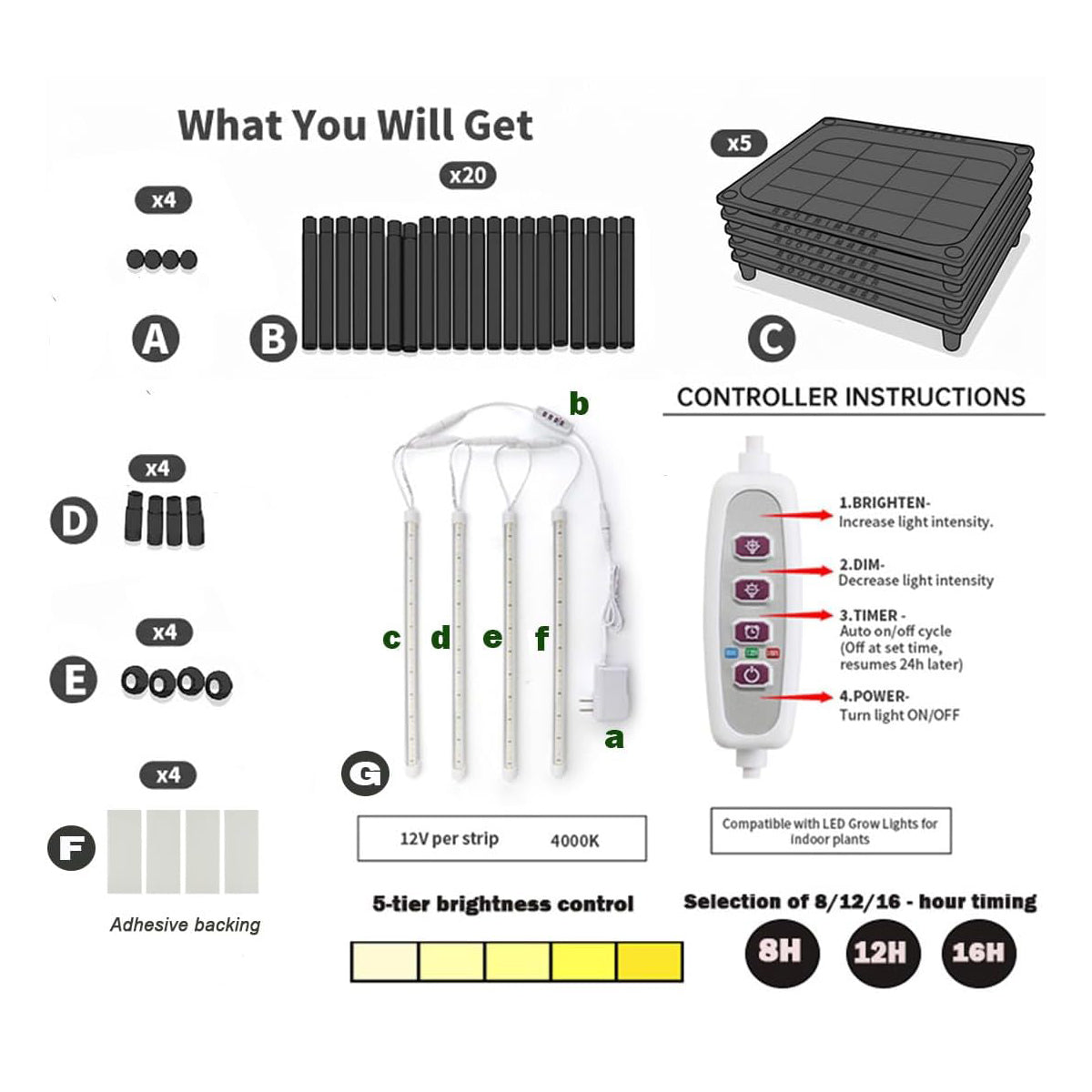 5-Tier Seed Starter Trays Plant Stand with LED Grow Light (Auto-Timer)
