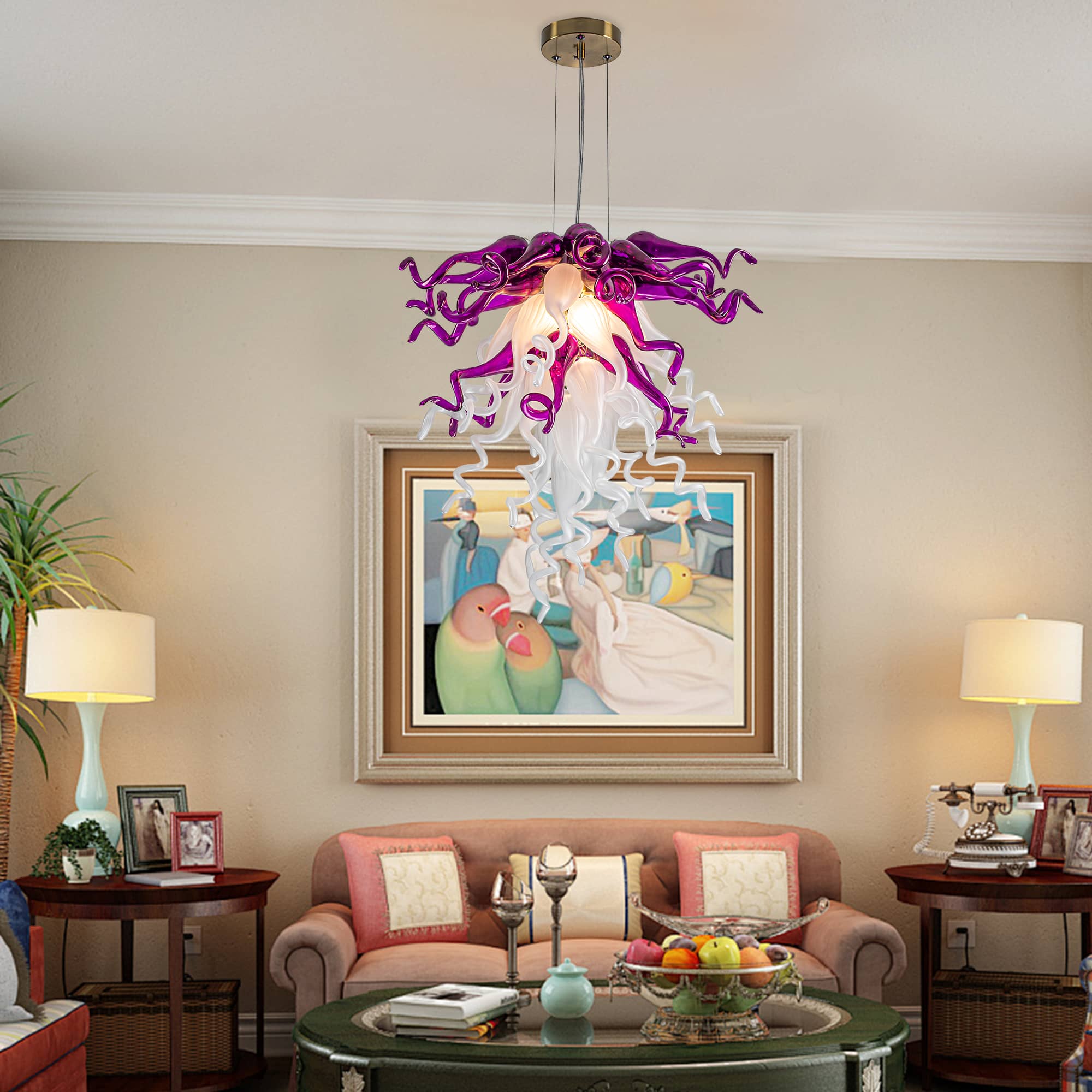 Blown Glass Chandelier Chihuly Style Purple And White