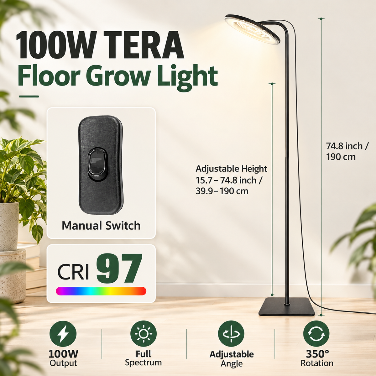 100W IP65 Full-Spectrum LED Floor Grow Light for Indoor Plants