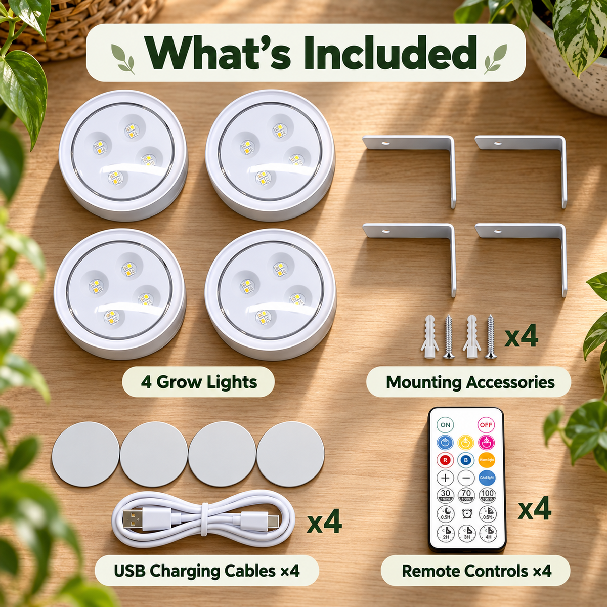 4 Pack Rechargeable Magnetic Grow Lights Full Spectrum Indoor Plants