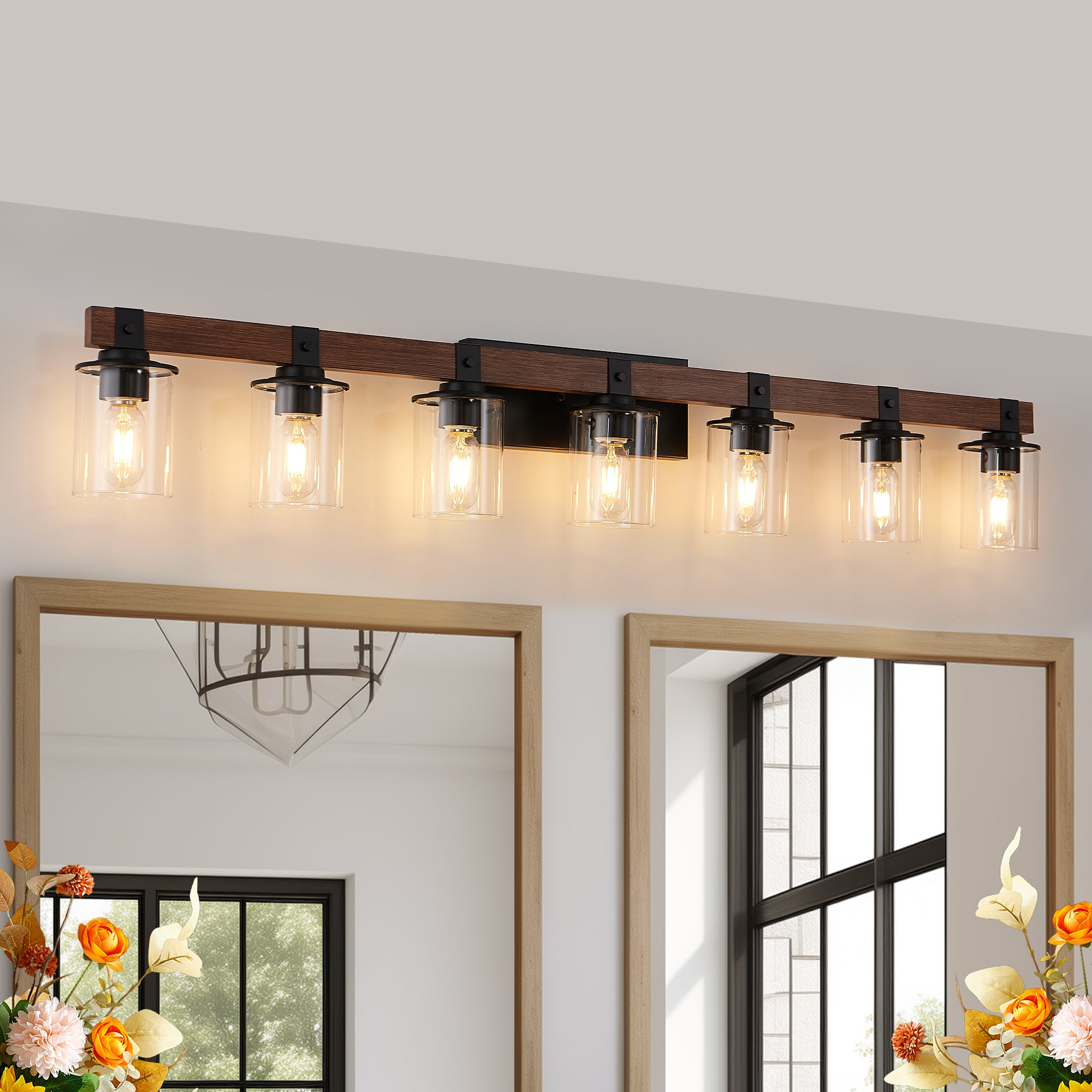 50" Rustic 7-Light Vanity Light, Industrial Bathroom Wall Sconce with Glass Shades