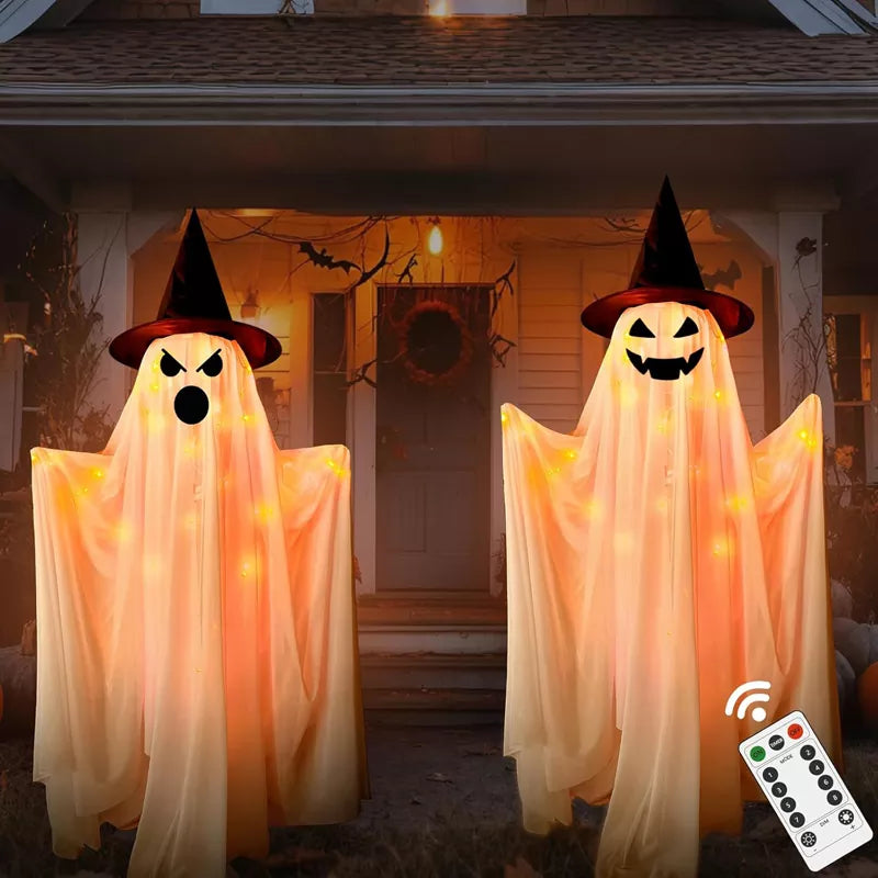 Large Light-Up Spooky Standing Ghost Decor with 8 Modes Remote String Lights (2 Packs)