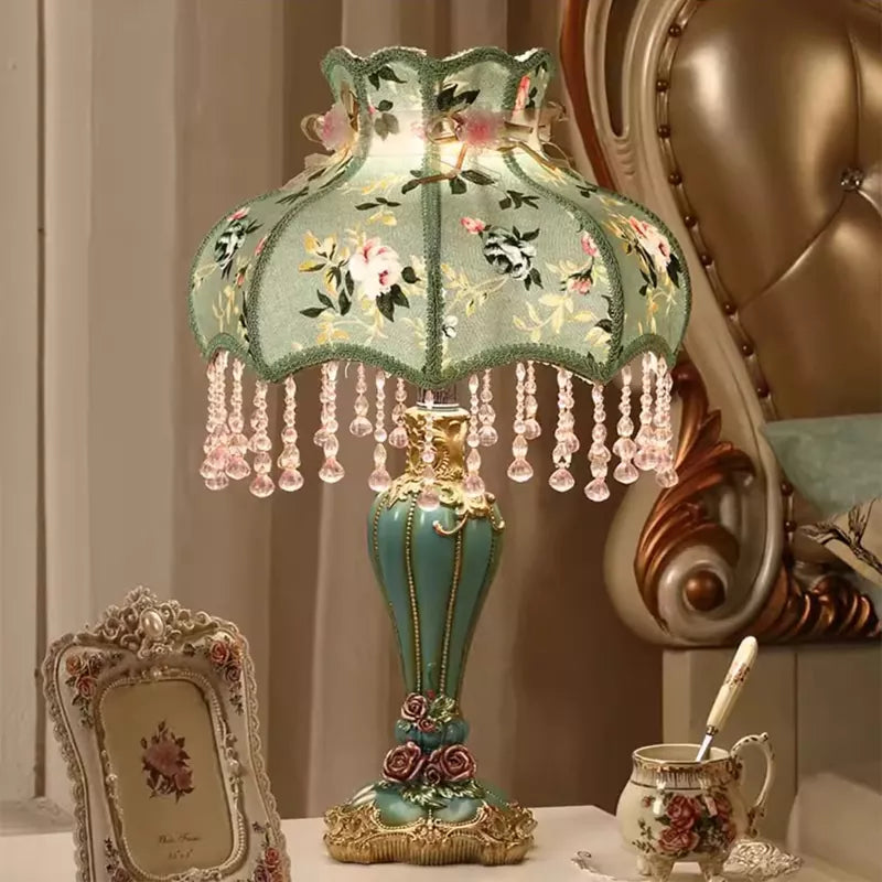 Floral Victorian Lamp Green Fabric Table Lamp