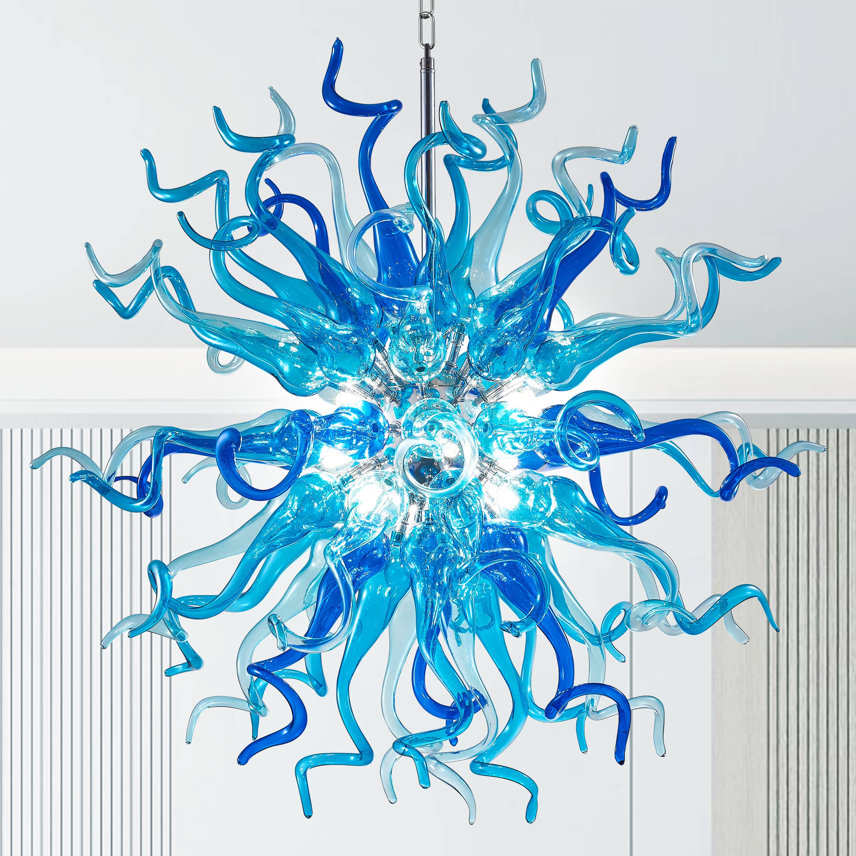 Chihuly Style Blown Glass Chandeliers Light Azure&Blue Sputnik Shape