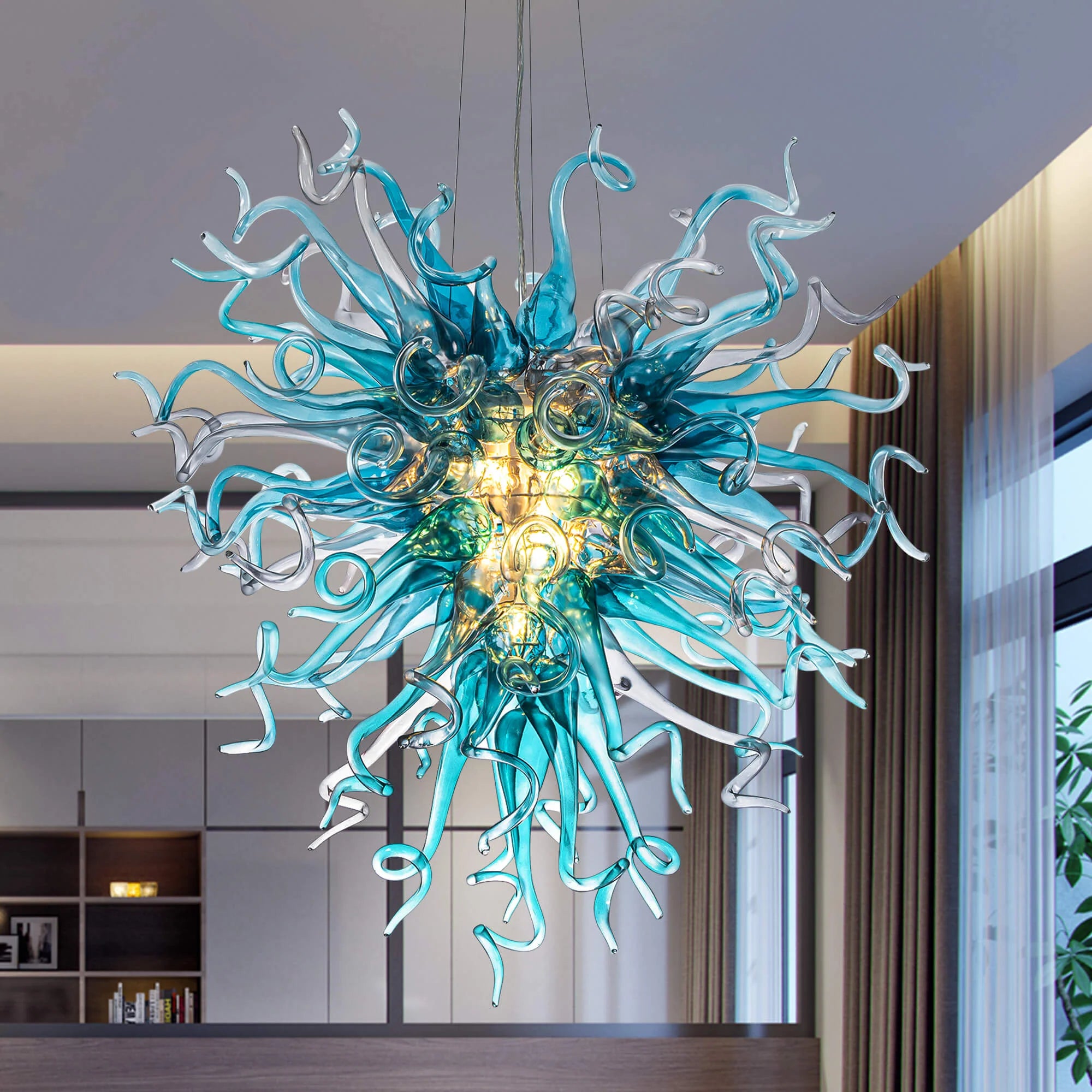 Chihuly Style Blown Glass Chandeliers Blue Color Heart Shape -B