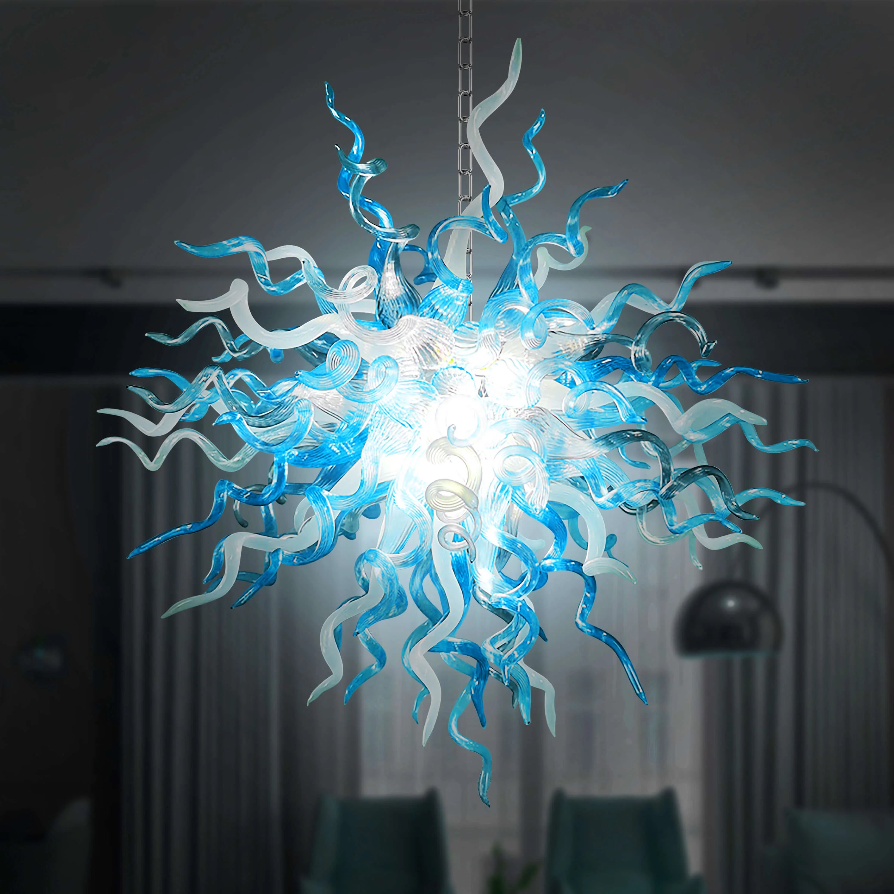 Chihuly Style Blown Glass Chandelier Blue And White