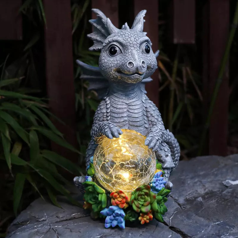 Dragon Figurine with Solar Crackle Globe Light Yard Art