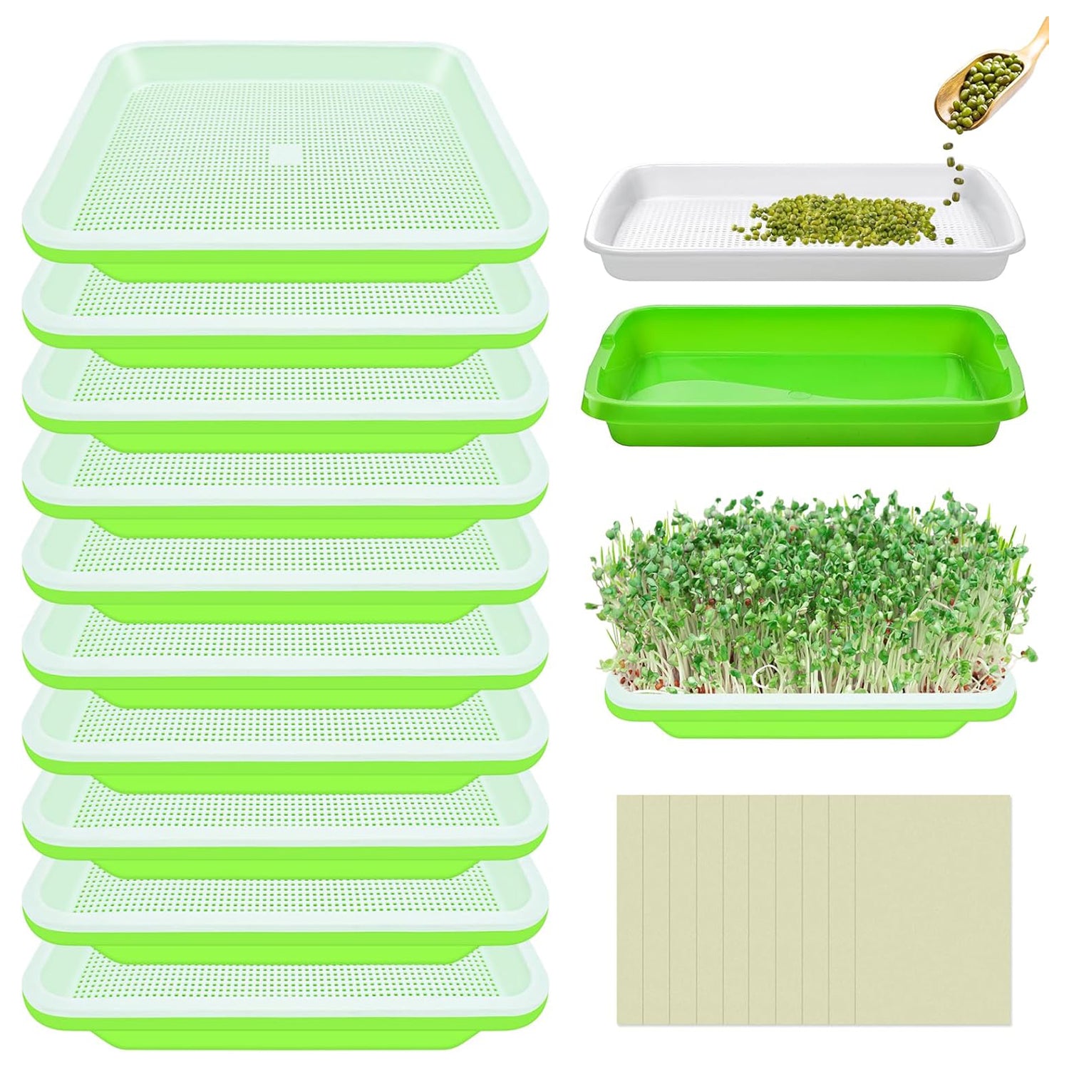 10 Pack Green Seed Sprouter Trays- Soil-Free Cultivation Germination Tray