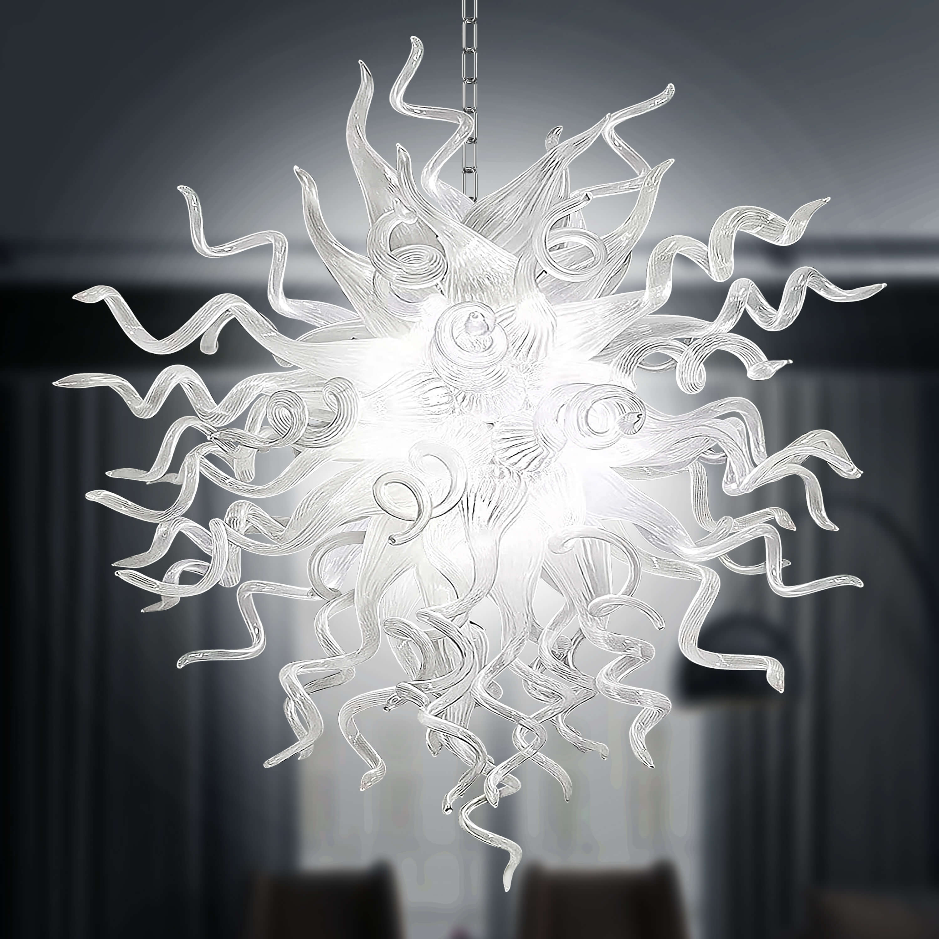 Chihuly Style Blown Glass Chandelier Frosted Opal White Elegance