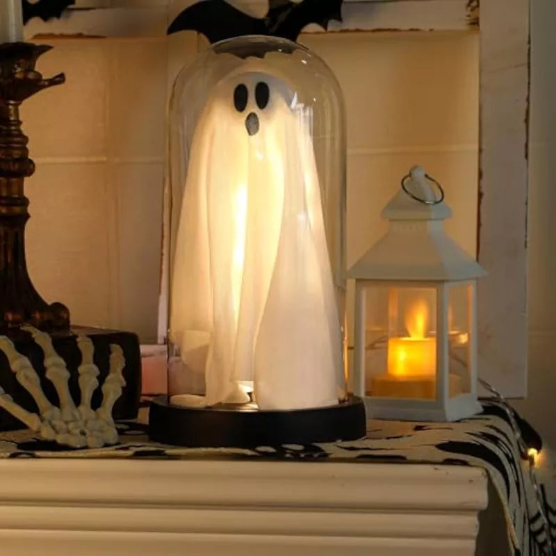 Indoor-Light Up Ghost in Glass Cloche-Cute Ghost with Light