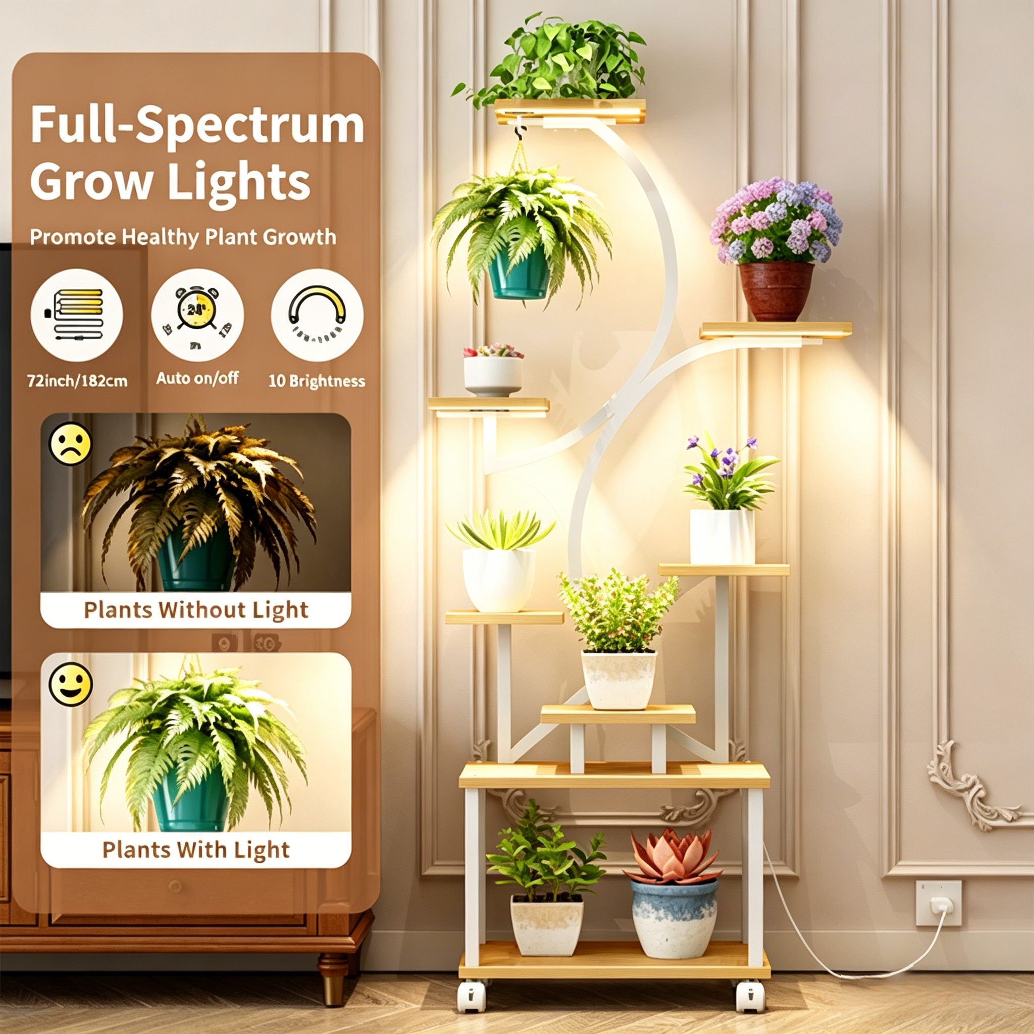 62" Tall 8-Tier Holder Plant Shelf Lighted Corner Plant Stands for Indoor Growing