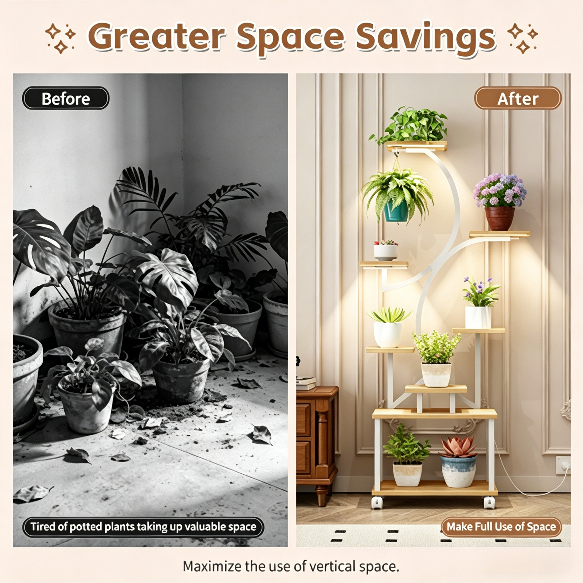 62" Tall 8-Tier Holder Plant Shelf Lighted Corner Plant Stands for Indoor Growing