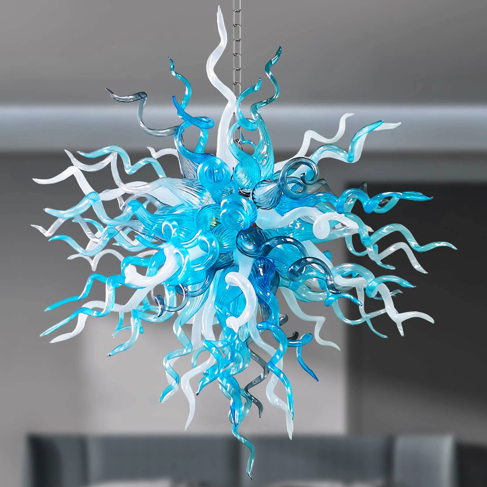 Chihuly Style Blown Glass Chandelier Blue And White