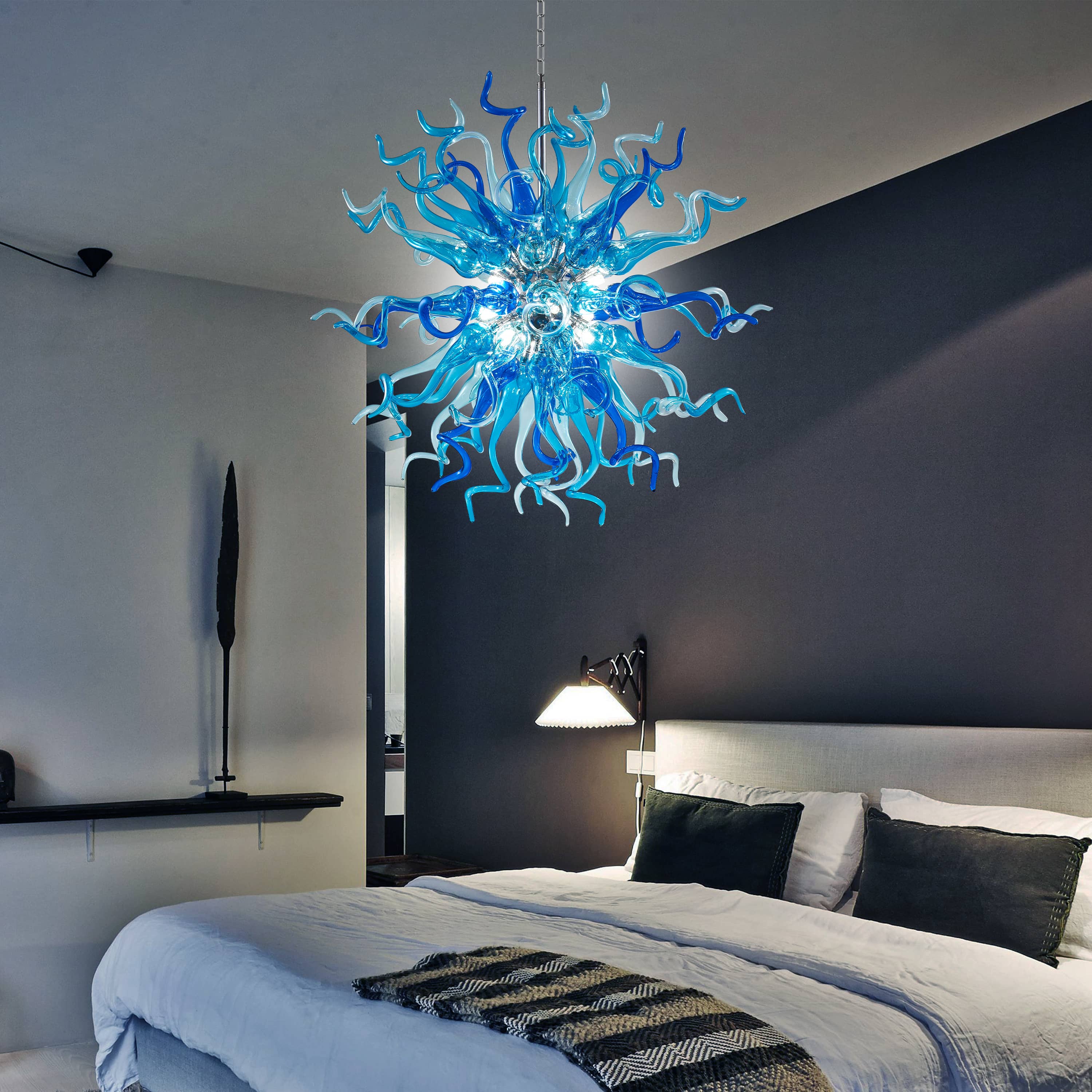 Chihuly Style Blown Glass Chandeliers Light Azure&Blue Sputnik Shape