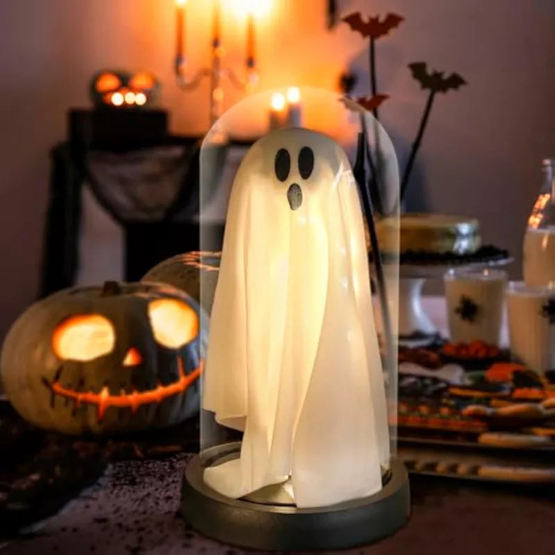 Indoor-Light Up Ghost in Glass Cloche-Cute Ghost with Light