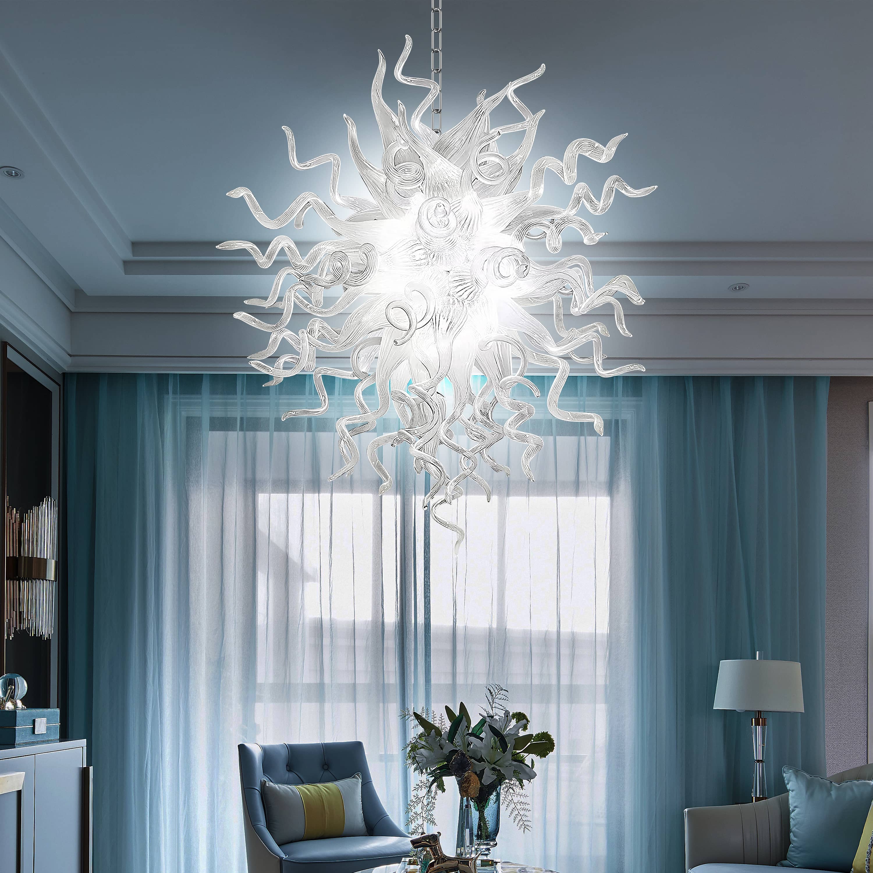 Chihuly Style Blown Glass Chandelier Frosted Opal White Elegance