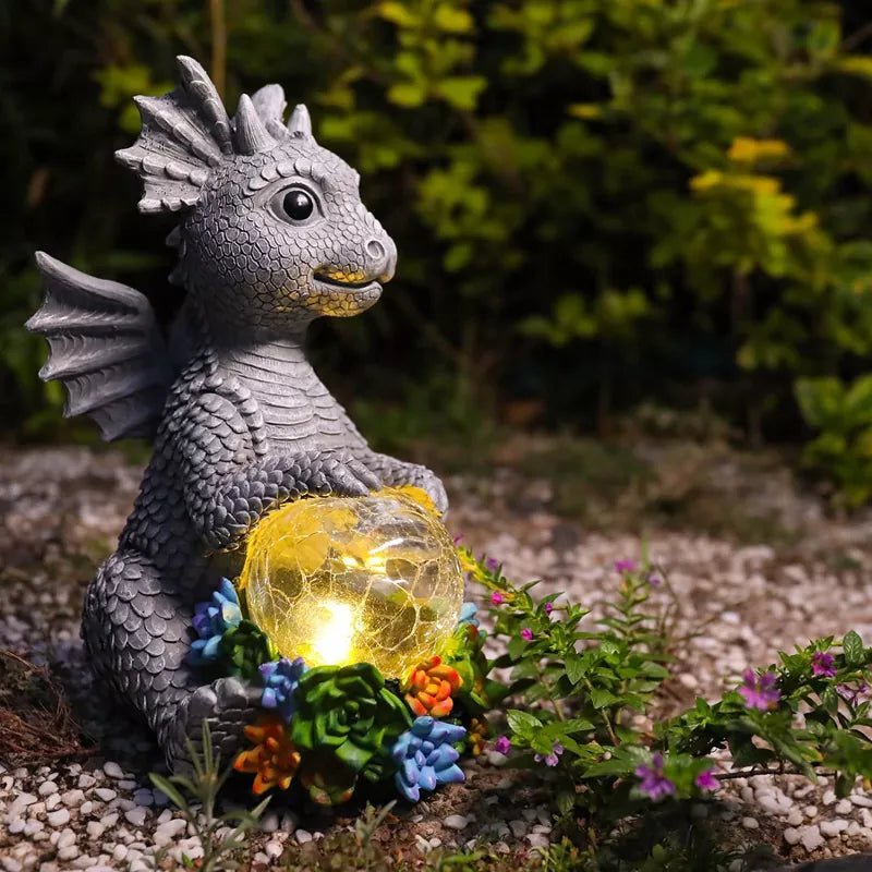 Dragon Figurine with Solar Crackle Globe Light Yard Art