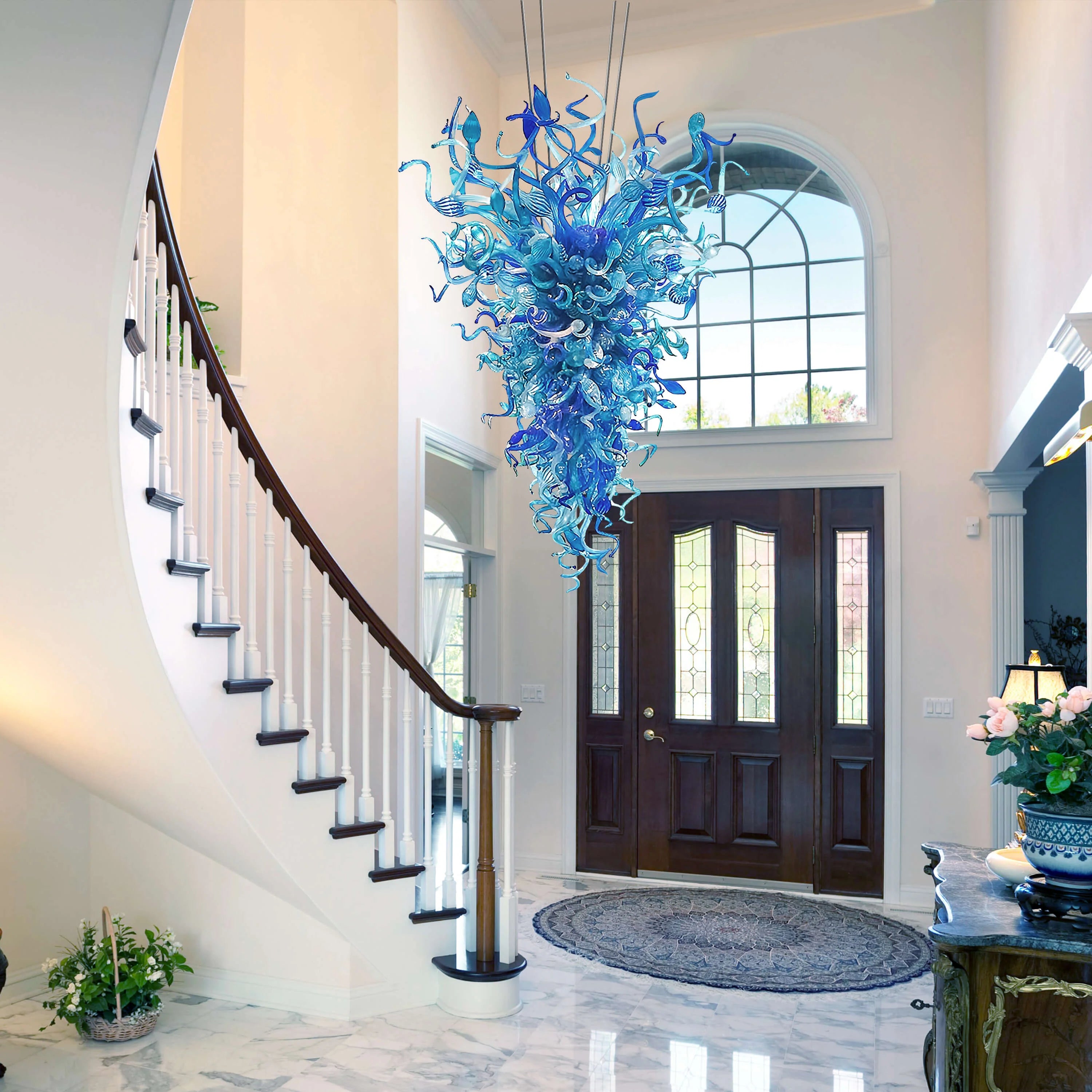 Chihuly Style Blown Glass Chandelier Large Blue Art Decor