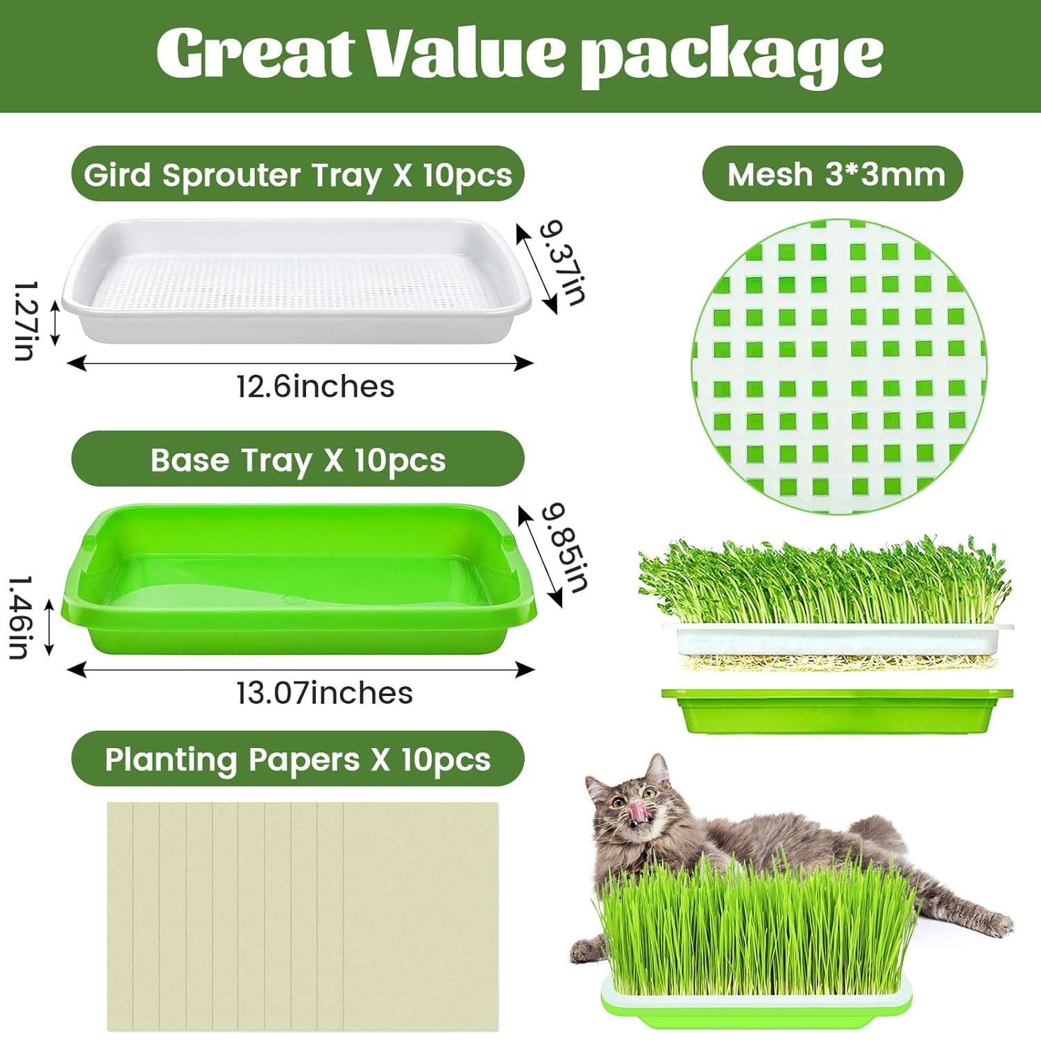 10 Pack Green Seed Sprouter Trays- Soil-Free Cultivation Germination Tray