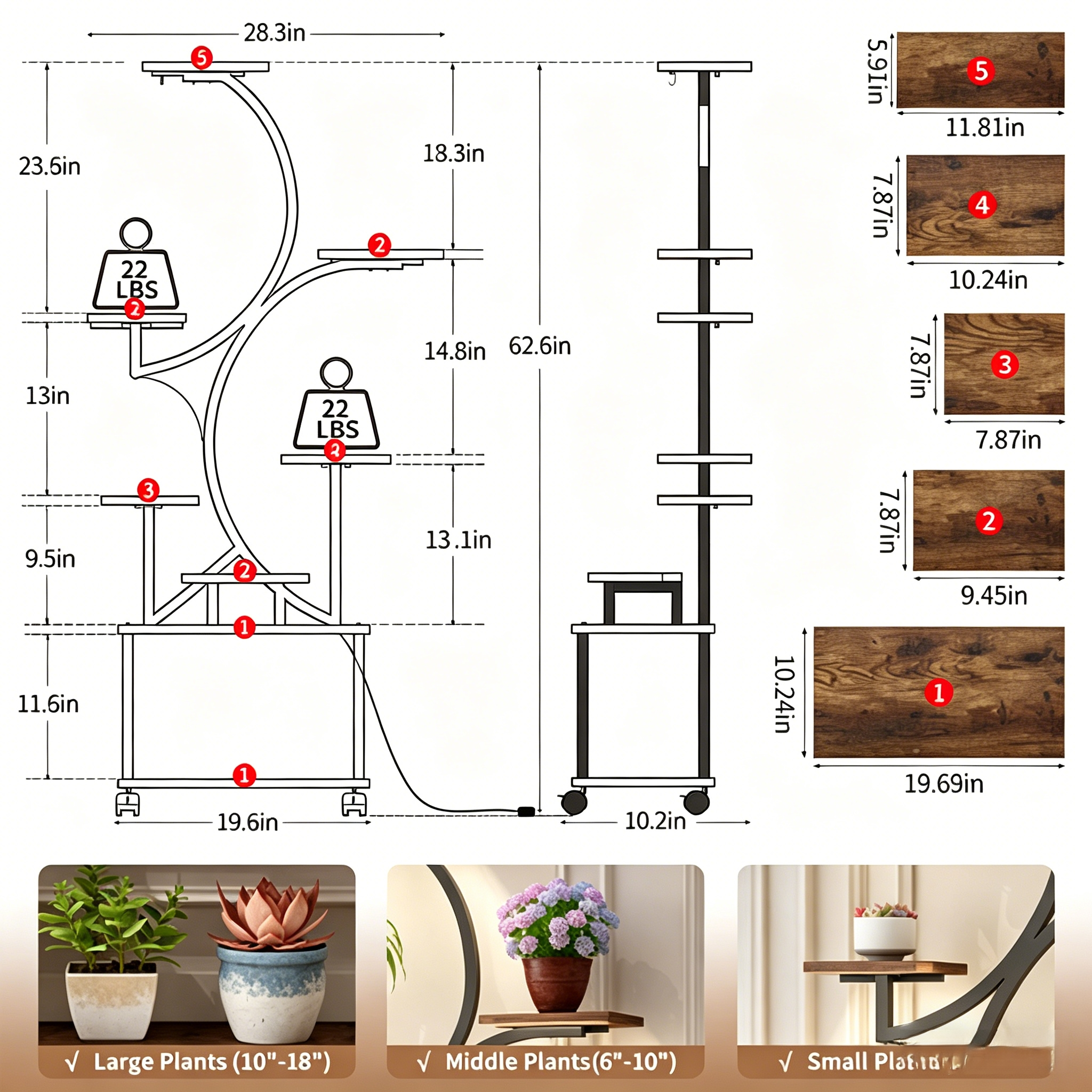 62" Tall Plant Shelf Lighted Corner Plant Stands for Indoor Growing