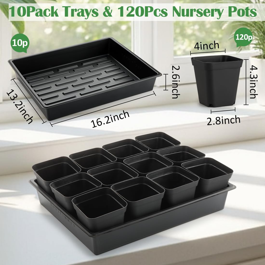 4 Inch Square Nursery Pots 120pcs 10 Pcs Seeds Starter Germination Tray