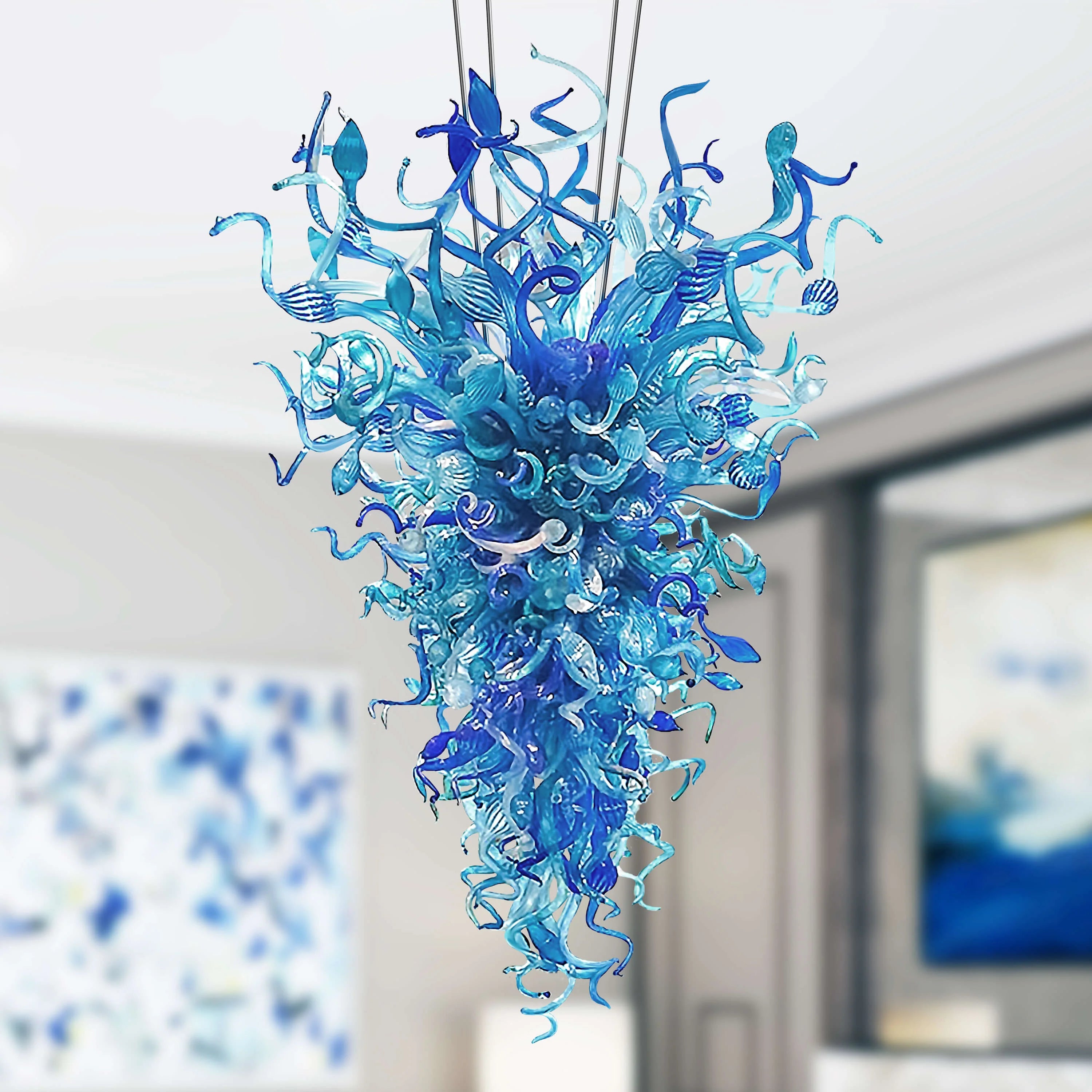 Chihuly Style Blown Glass Chandelier Large Blue Art Decor