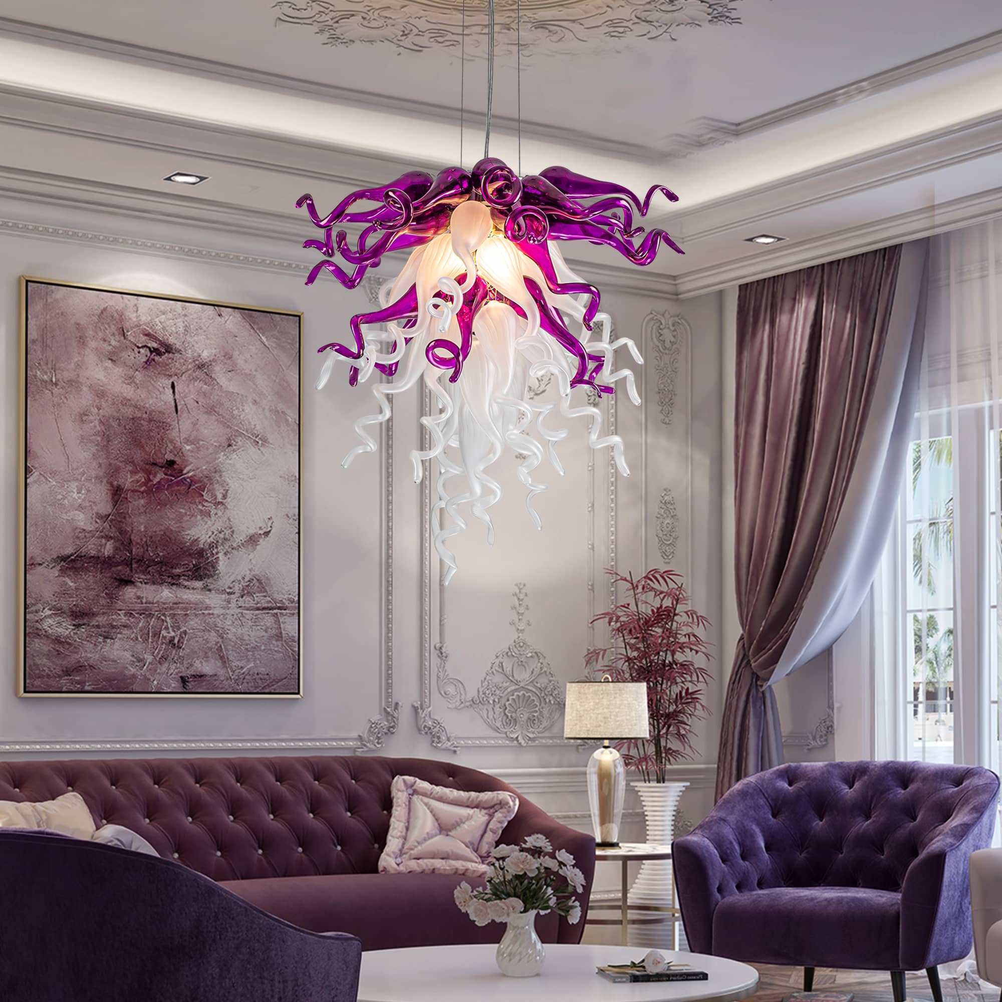 Blown Glass Chandelier Chihuly Style Purple And White