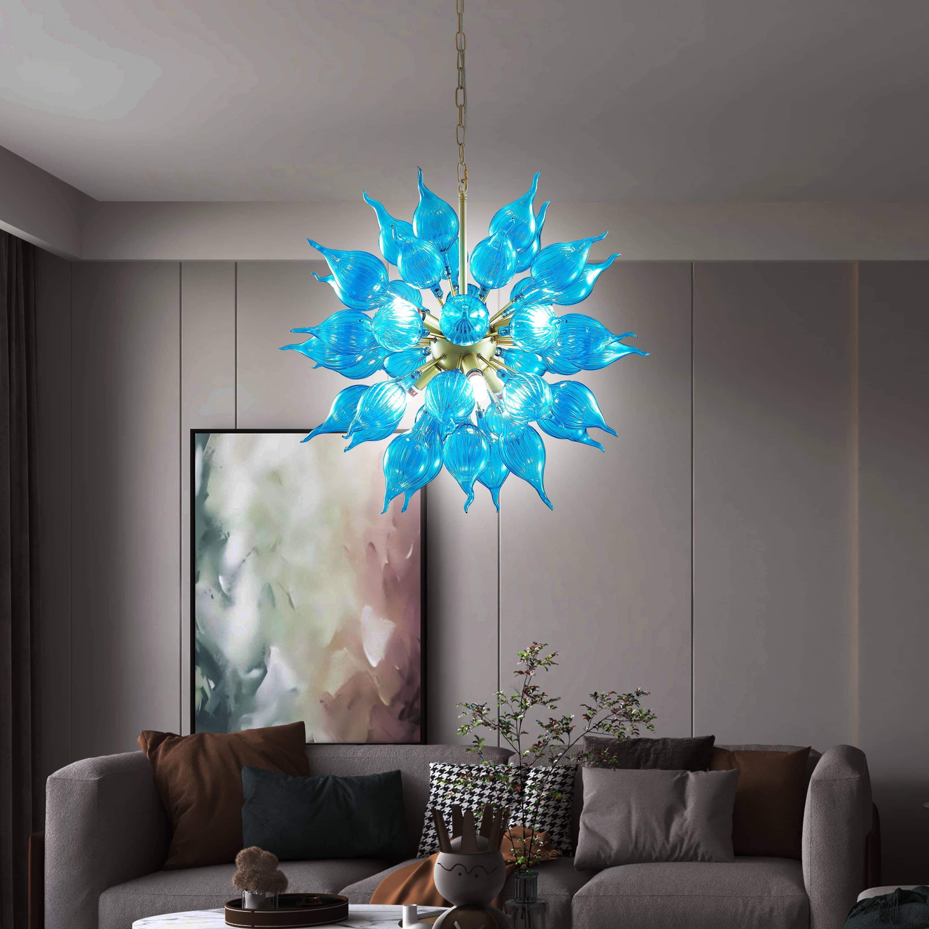 Sputnik Style Blown Glass Chandelier LED Blue Pendant Light
