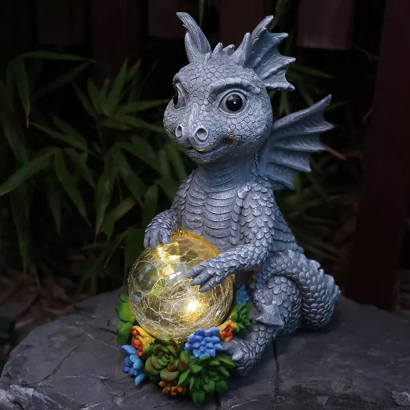 Dragon Figurine with Solar Crackle Globe Light Yard Art