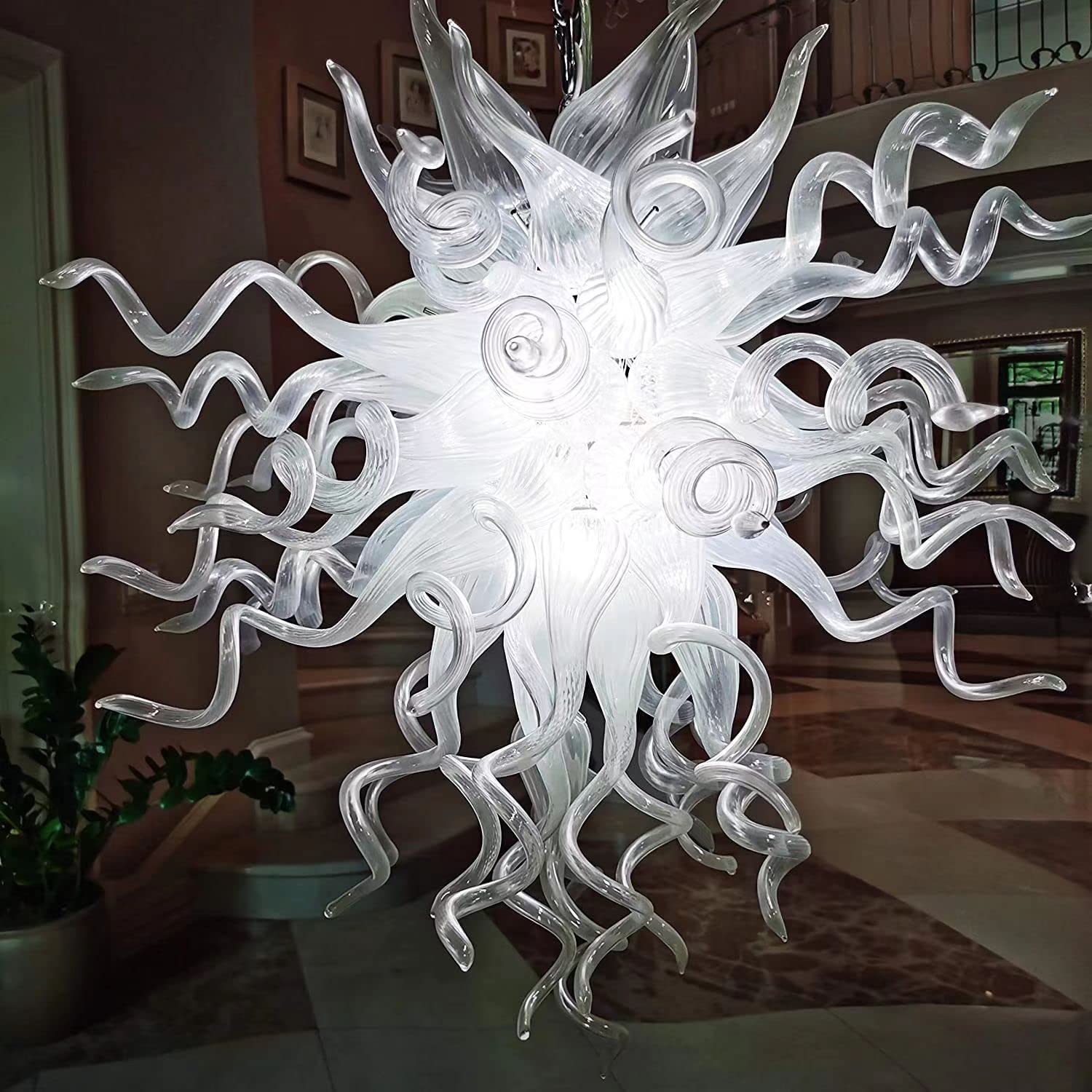 Chihuly Style Blown Glass Chandelier Frosted Opal White Elegance