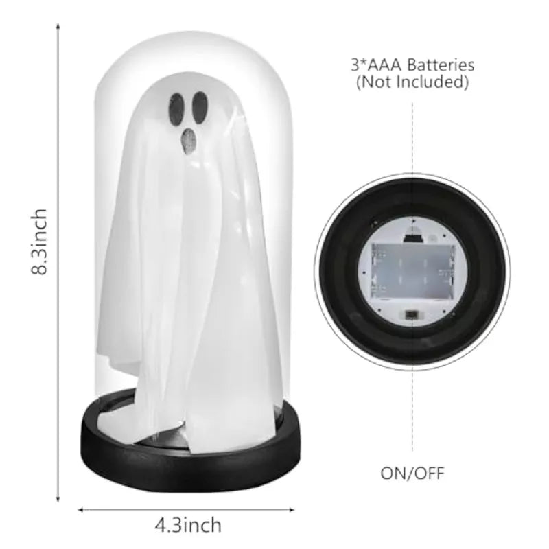 Indoor-Light Up Ghost in Glass Cloche-Cute Ghost with Light