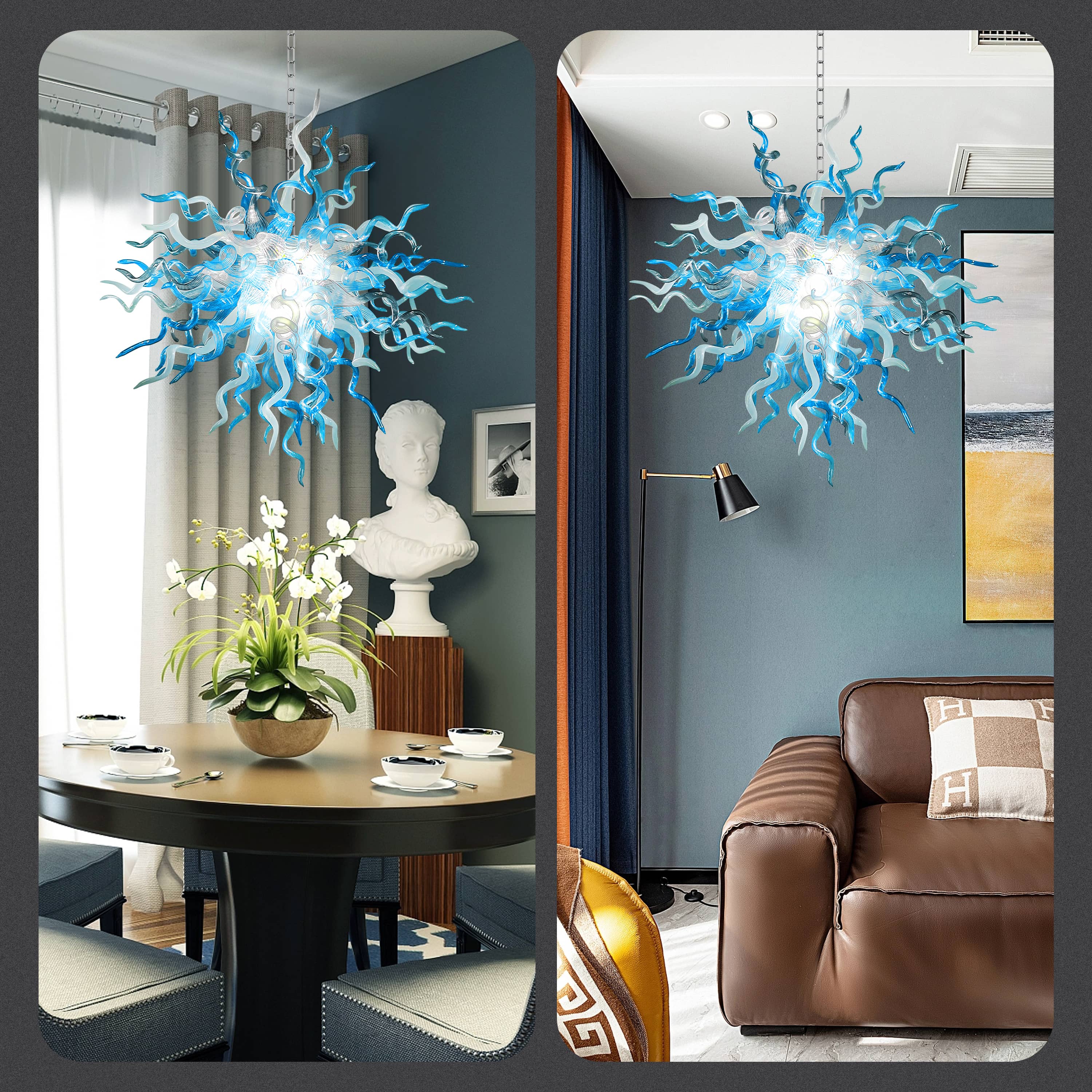 Chihuly Style Blown Glass Chandelier Blue And White