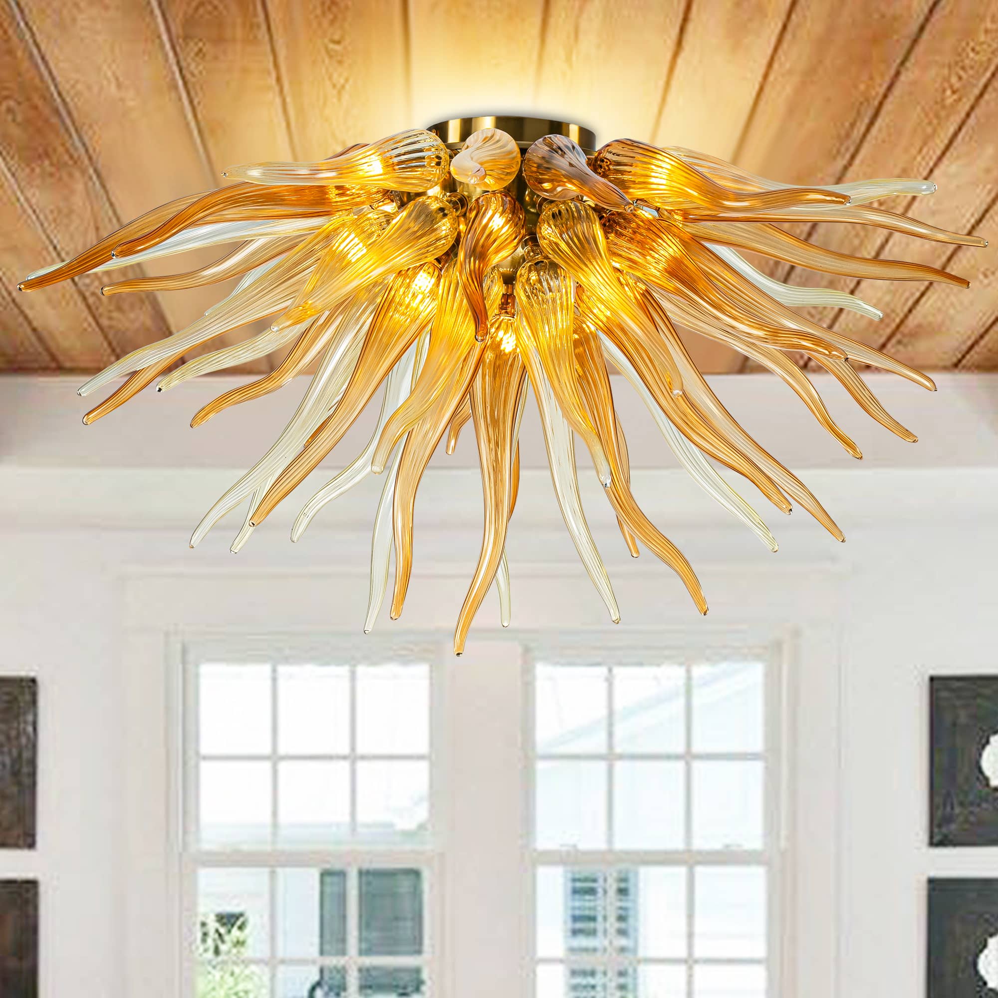 Semi-Flush Blown Glass Chandelier Chihuly Glass Sun Rise