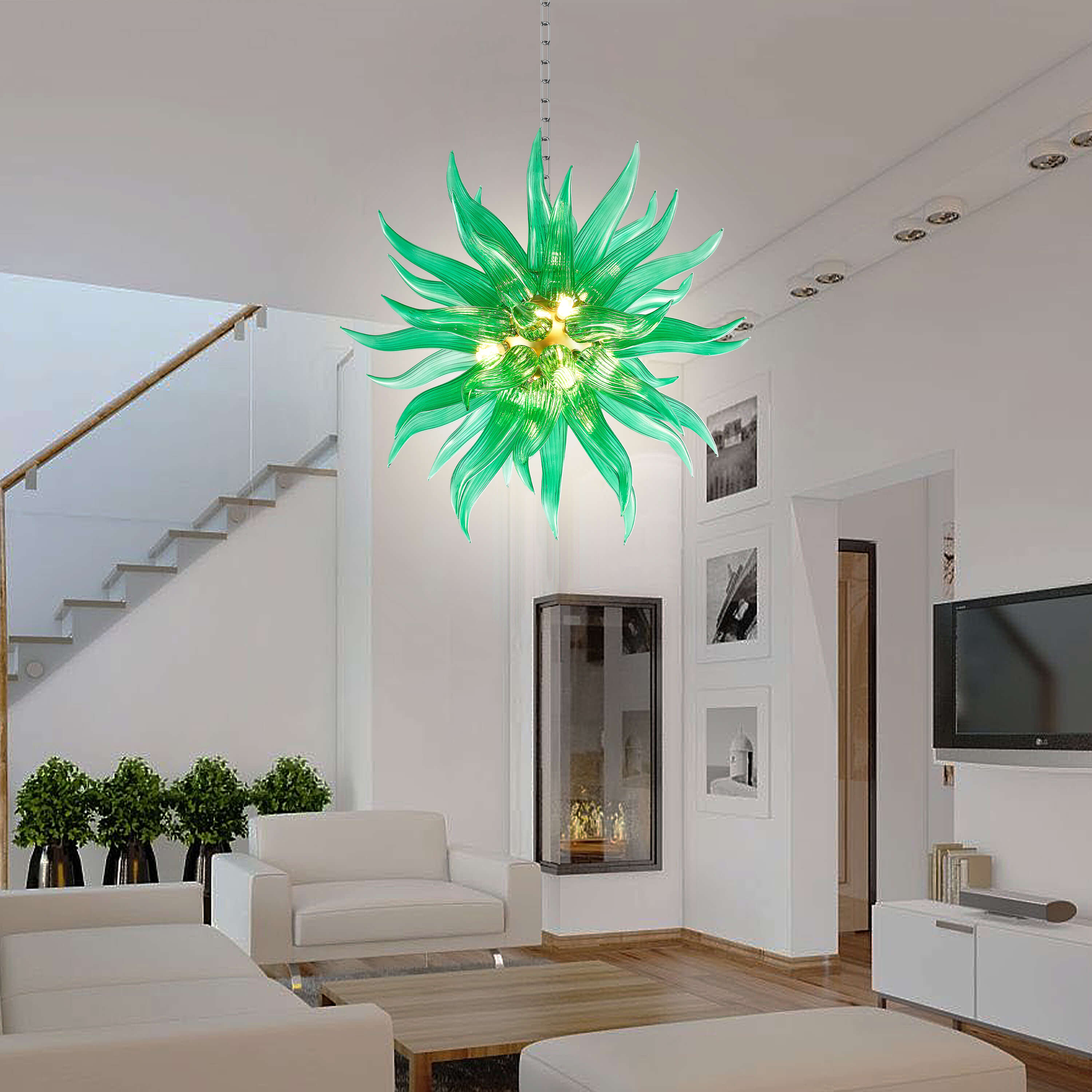 Contemporary Chihuly Style Blown Glass Chandelier Emerald Green