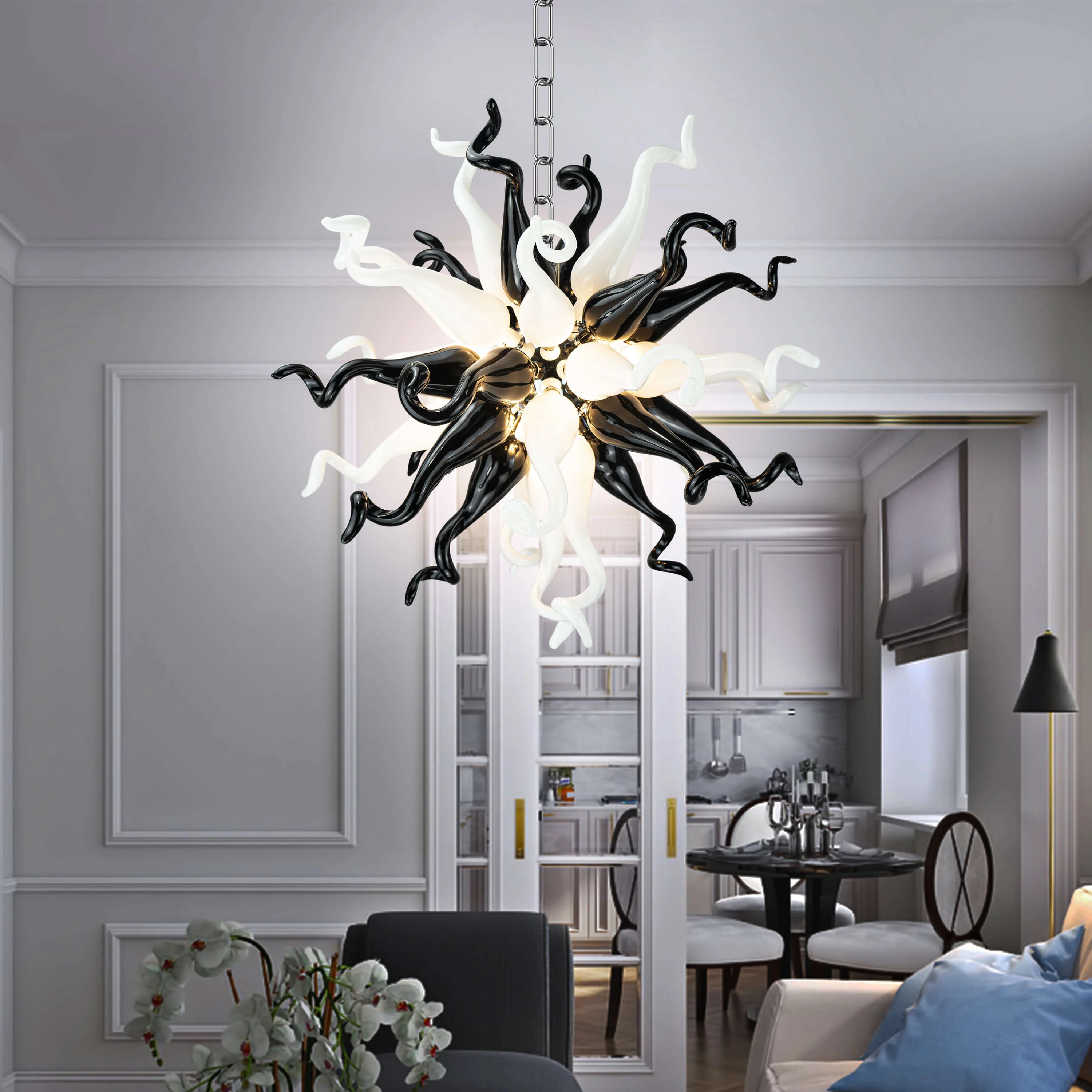 Starburst Blown Glass Chandelier Black And White Hand Blown