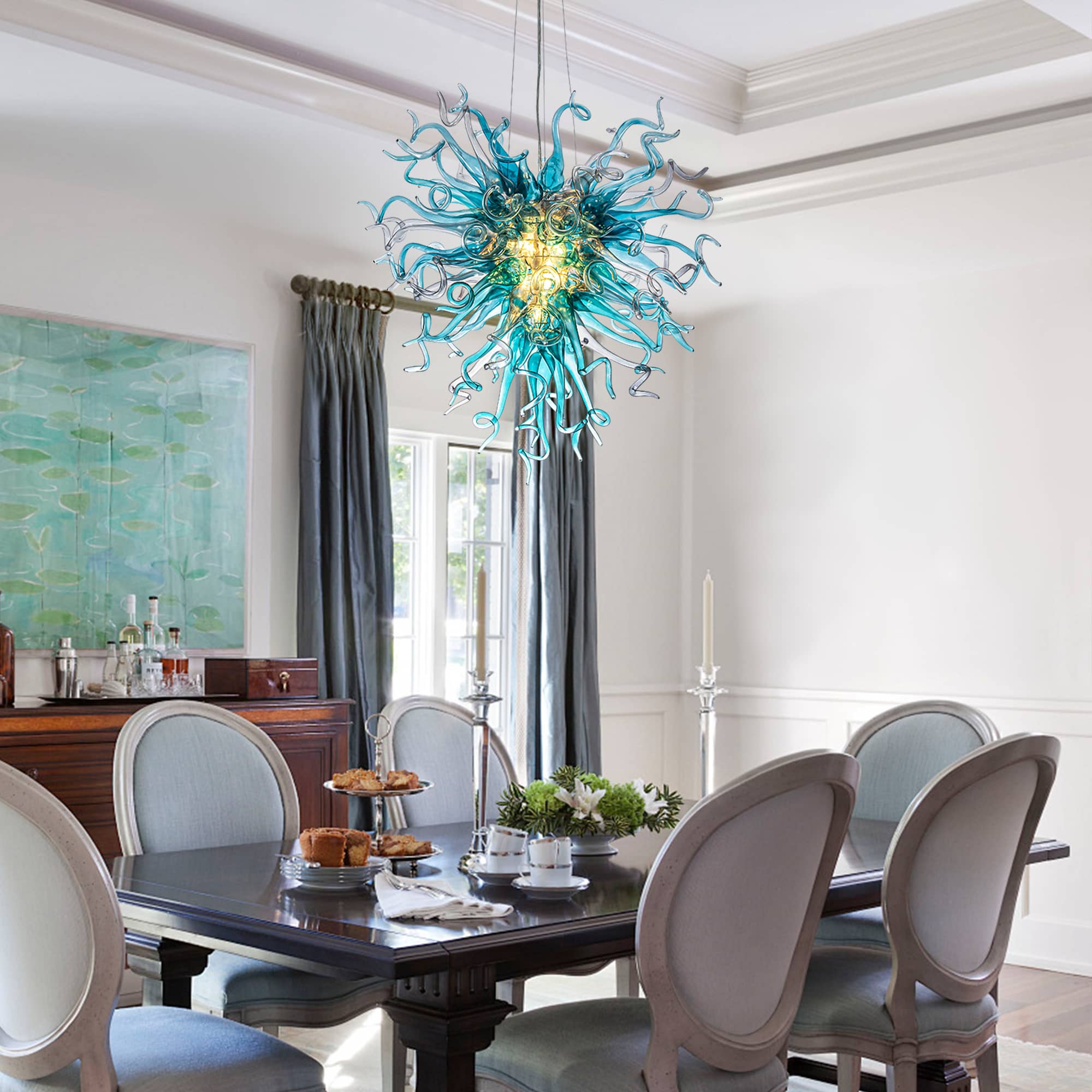 Chihuly Style Blown Glass Chandeliers Blue Color Heart Shape -B