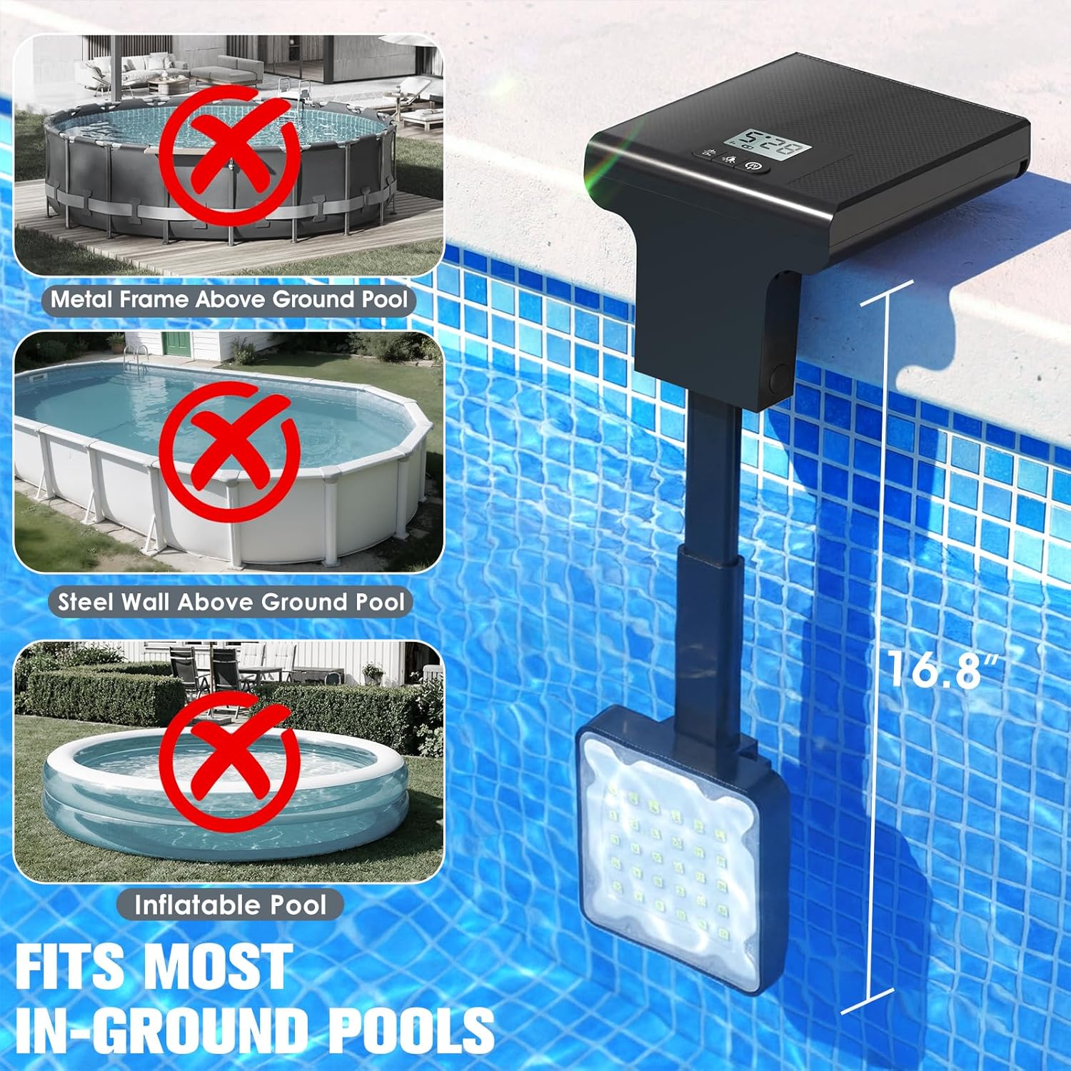 Solar Pool Lights for Inground Pools Upgraded with LCD Pool Thermometer