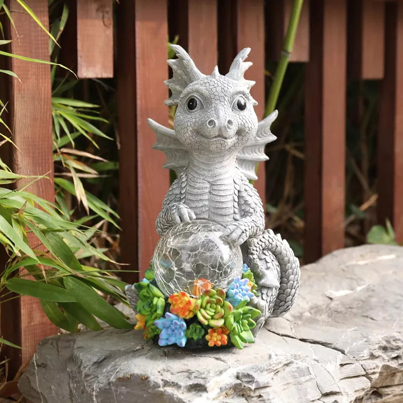 Dragon Figurine with Solar Crackle Globe Light Yard Art