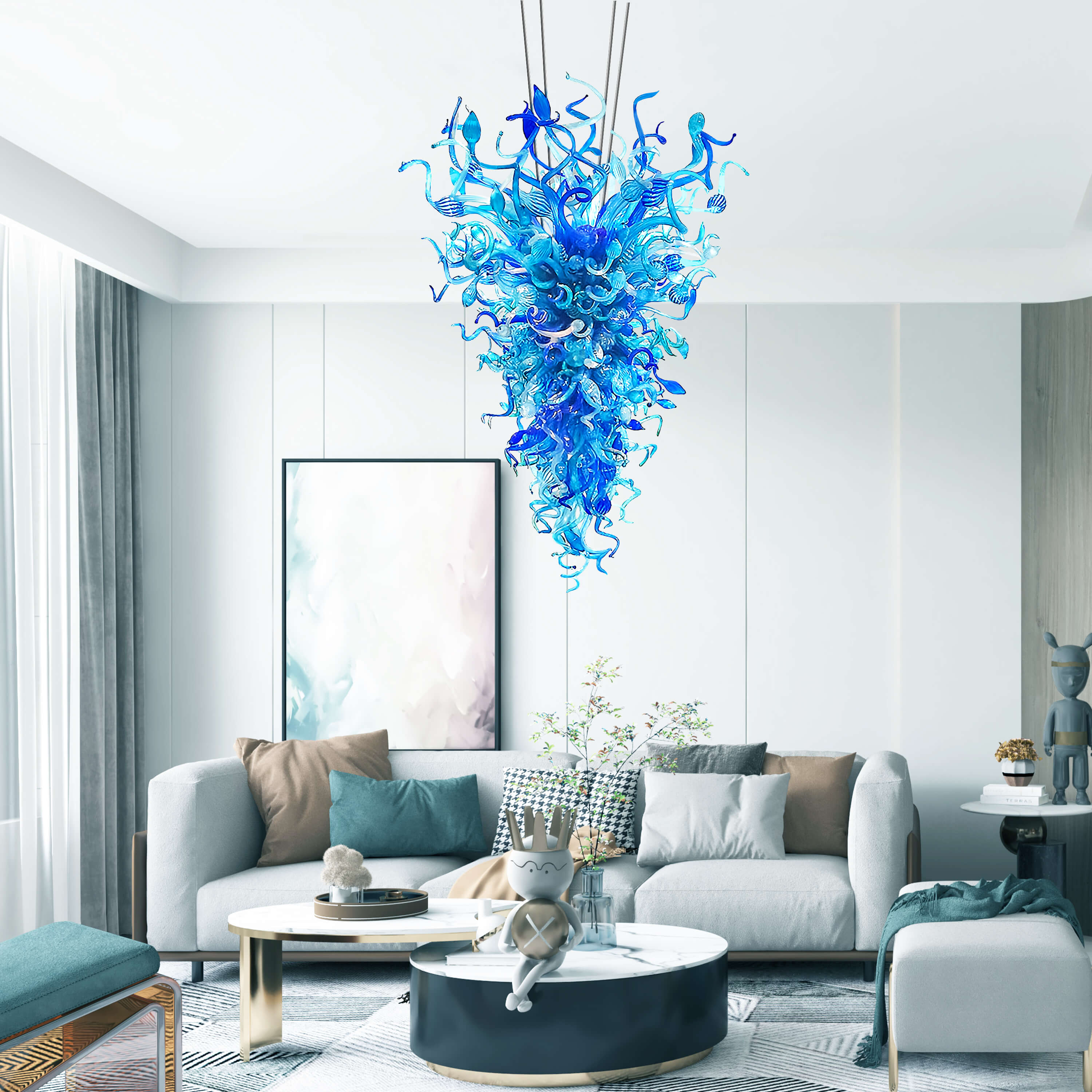 Chihuly Style Blown Glass Chandelier Large Blue Art Decor