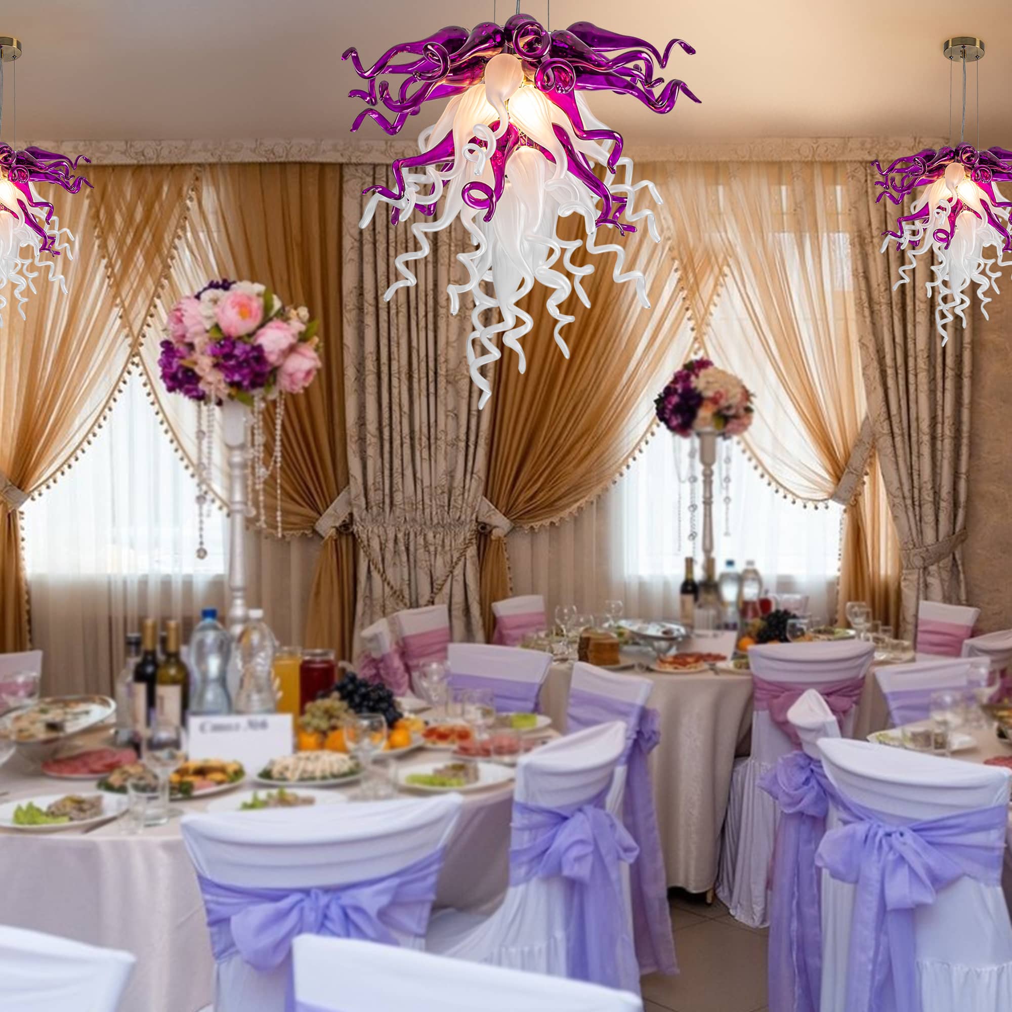 Blown Glass Chandelier Chihuly Style Purple And White
