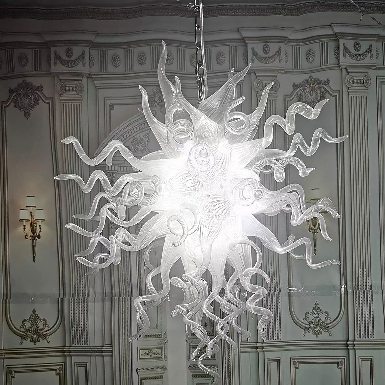 Chihuly Style Blown Glass Chandelier Frosted Opal White Elegance