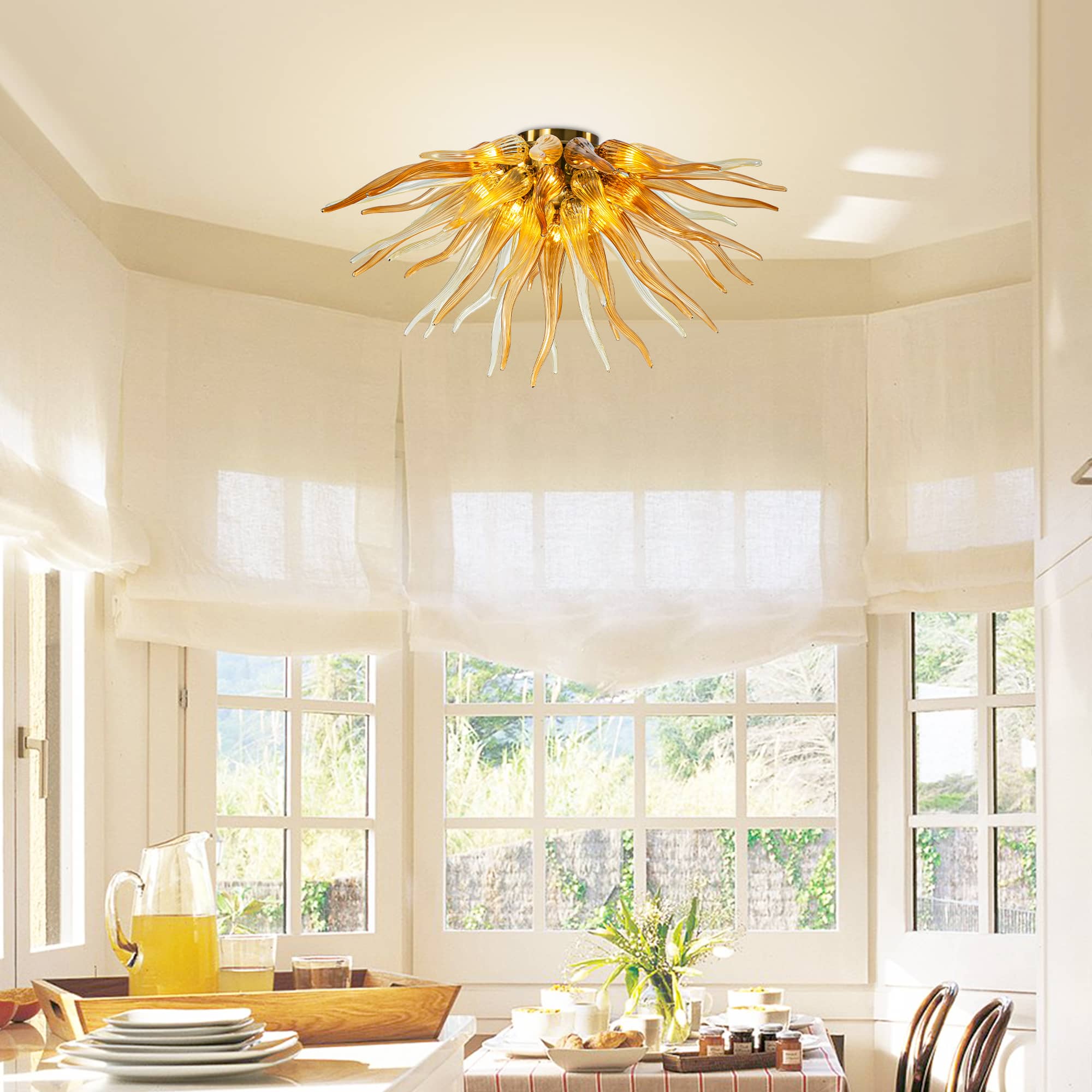 Semi-Flush Blown Glass Chandelier Chihuly Glass Sun Rise