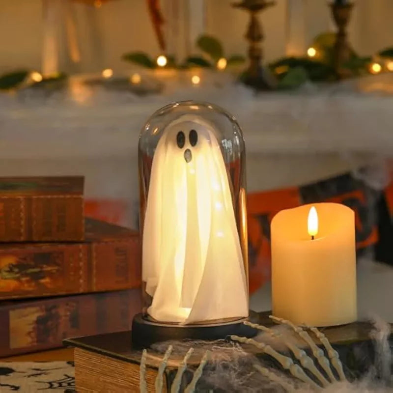 Indoor-Light Up Ghost in Glass Cloche-Cute Ghost with Light