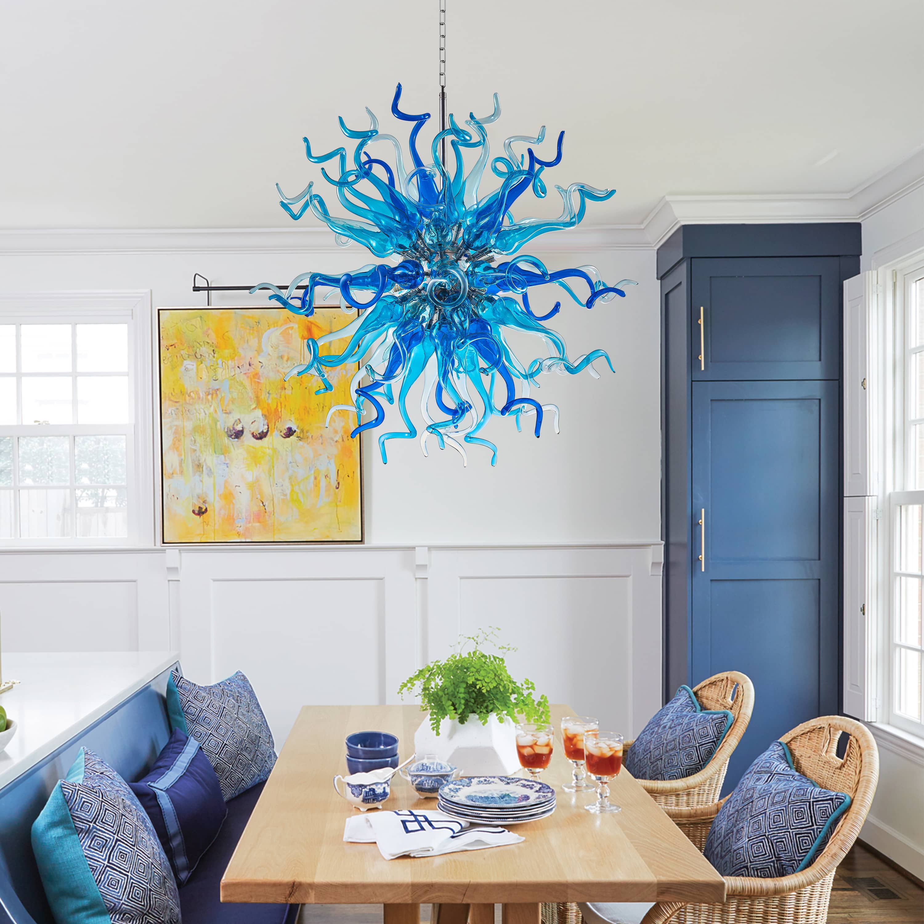 Chihuly Style Blown Glass Chandeliers Light Azure&Blue Sputnik Shape