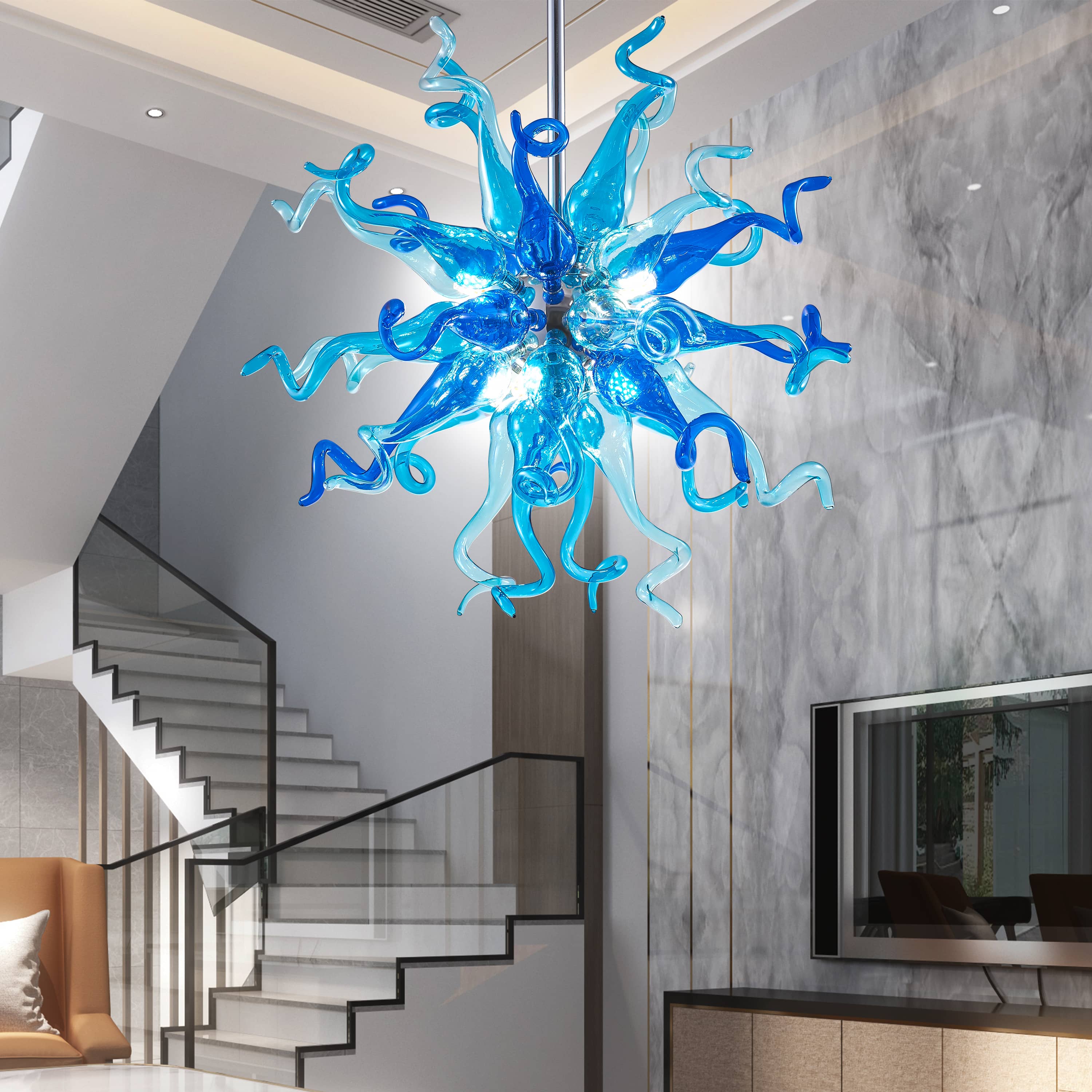 Chihuly Style Blown Glass Chandeliers Light Azure&Blue Sputnik Shape