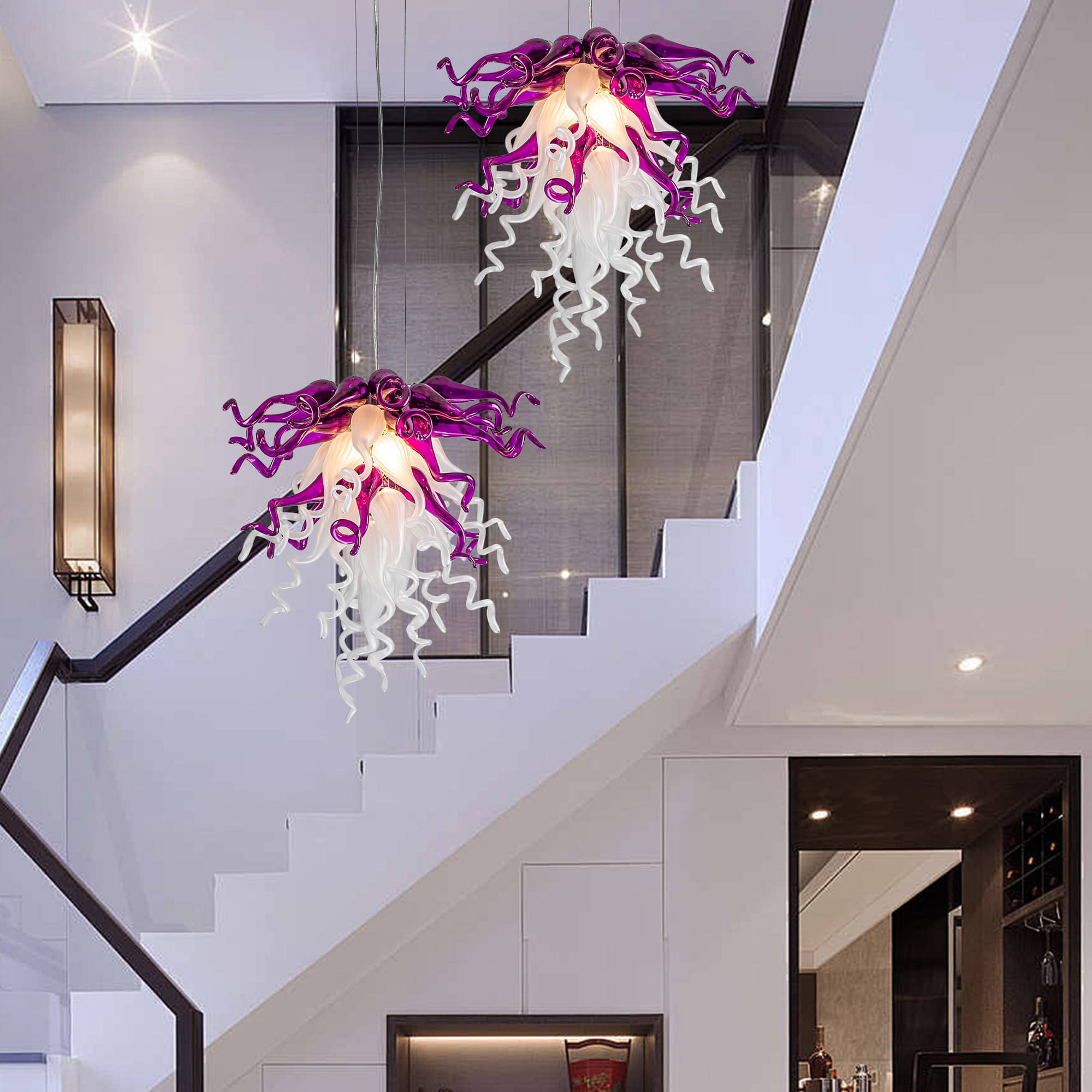 Blown Glass Chandelier Chihuly Style Purple And White