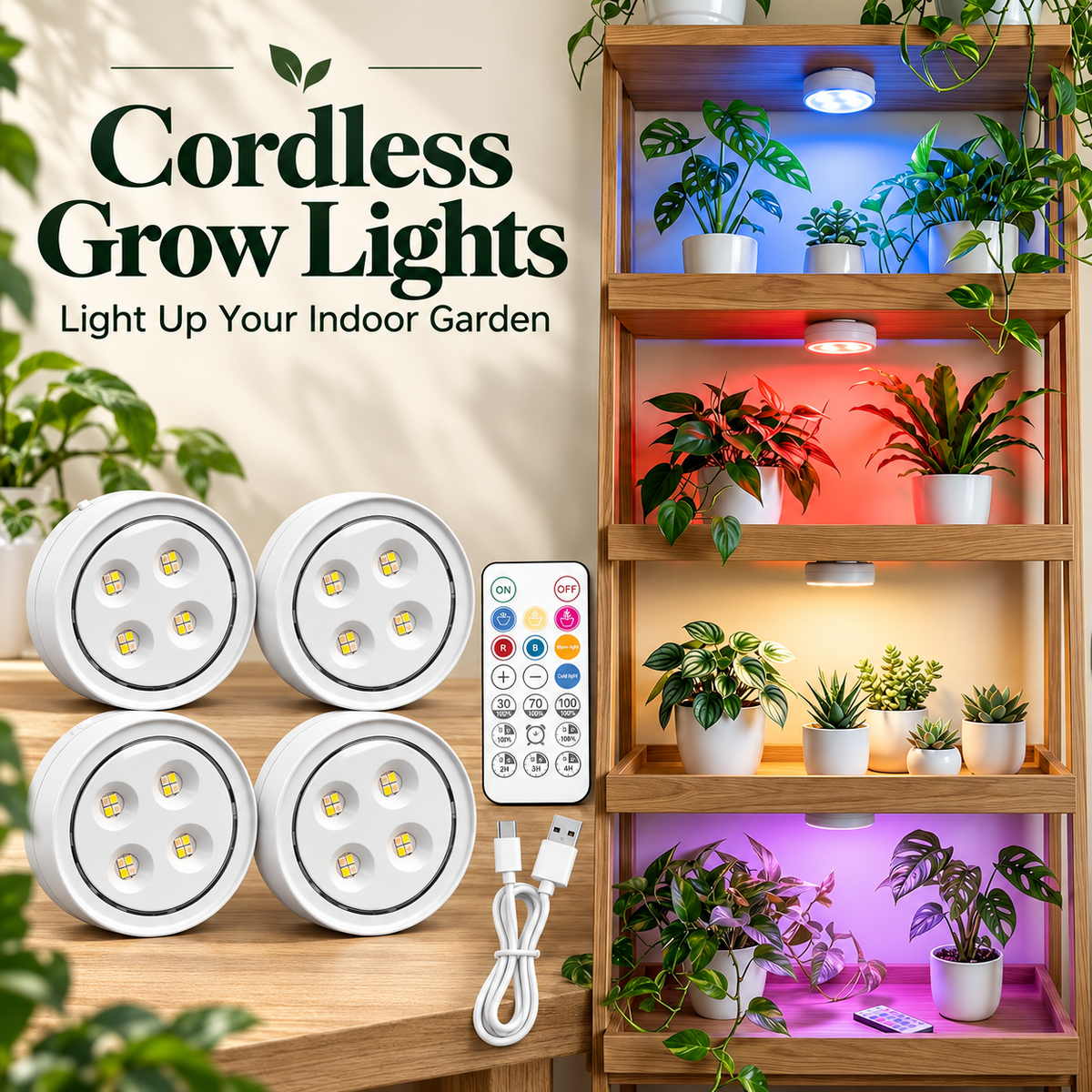 4 Pack Rechargeable Magnetic Grow Lights Full Spectrum Indoor Plants
