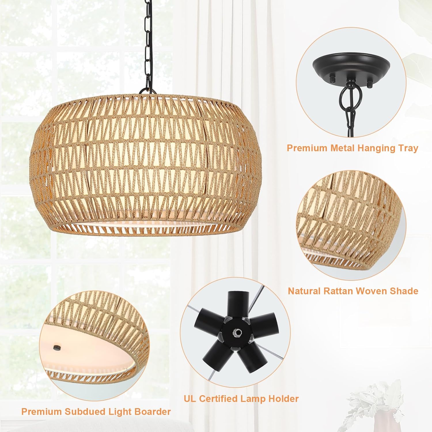 Rattan Farmhouse Chandelier Light Fixtures 5-Lights Boho Large Pendant Light